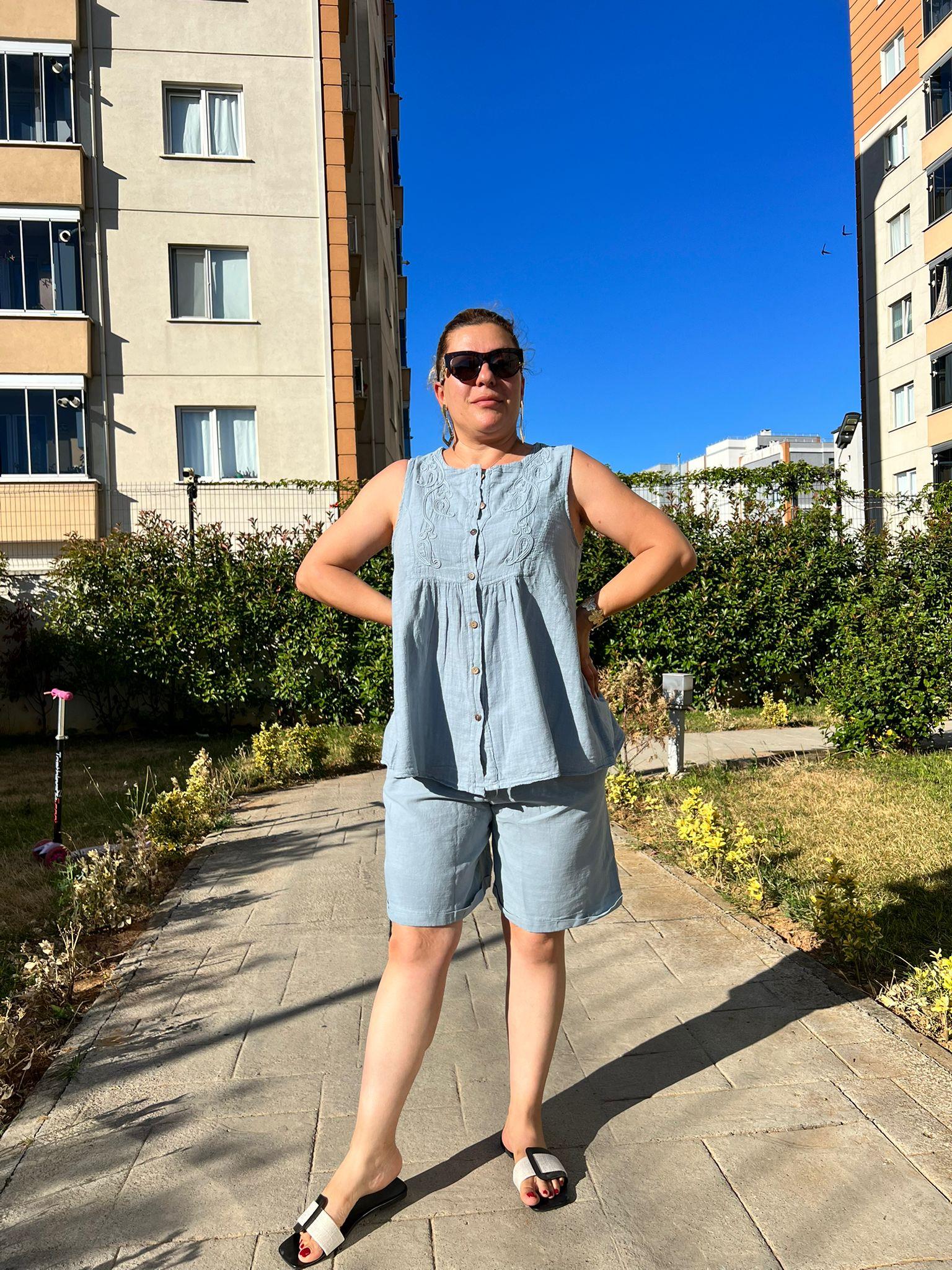 %100 Pamuk Keten Şort & Tunik Takım