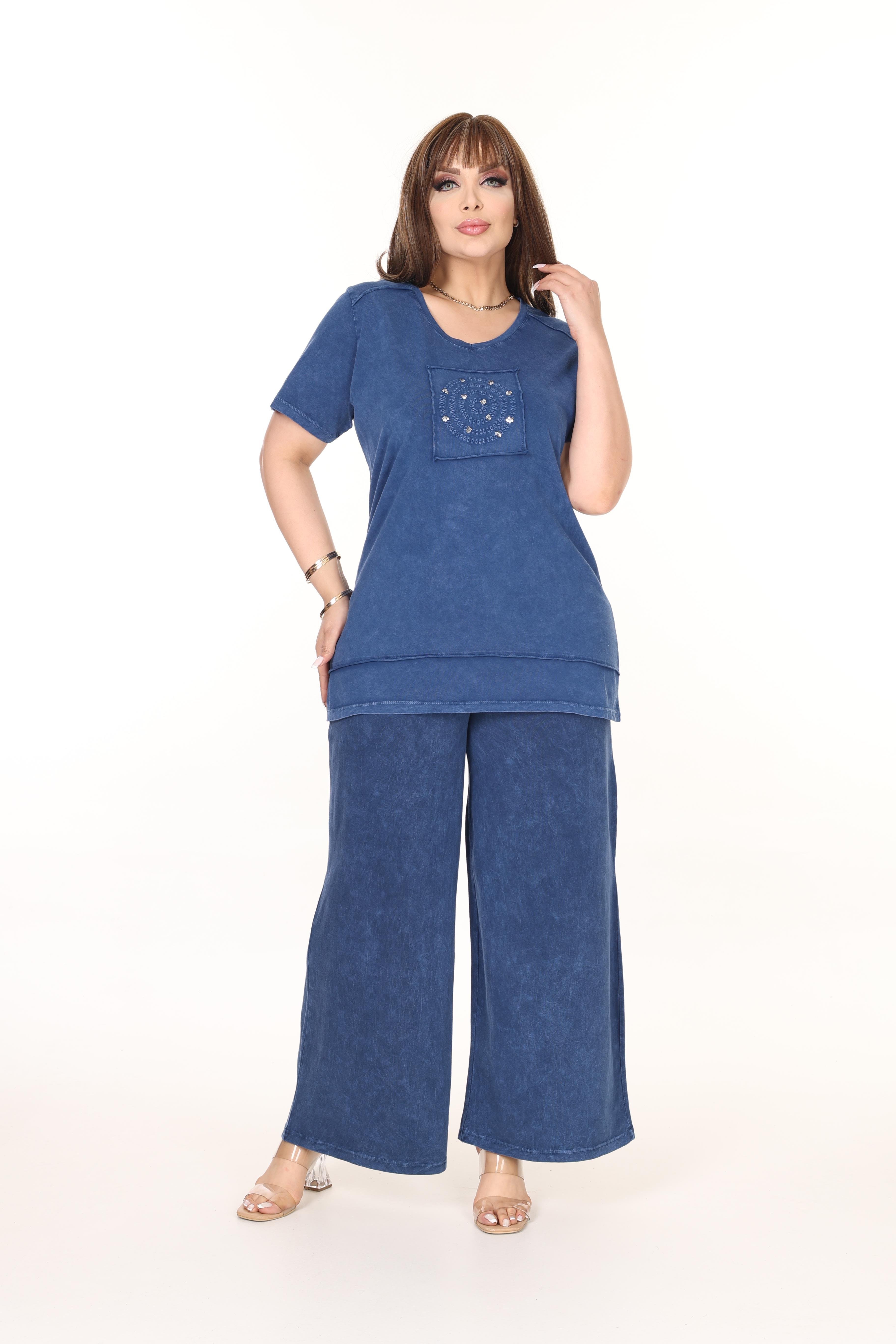 %100 Pamuk Yıkamalı Kumaş Taş Baskılı Alt-Üst Takım