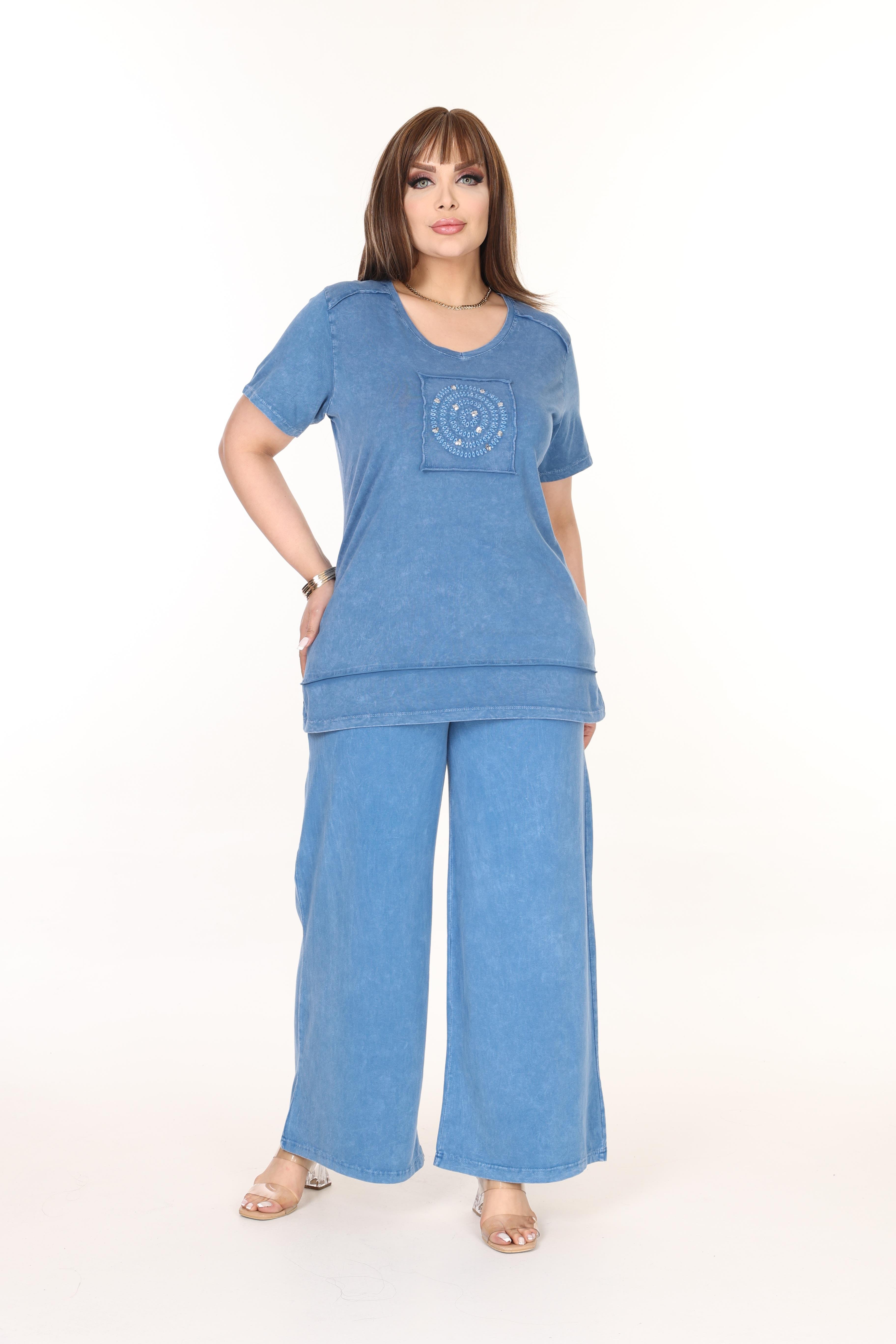 %100 Pamuk Yıkamalı Kumaş Taş Baskılı Alt-Üst Takım