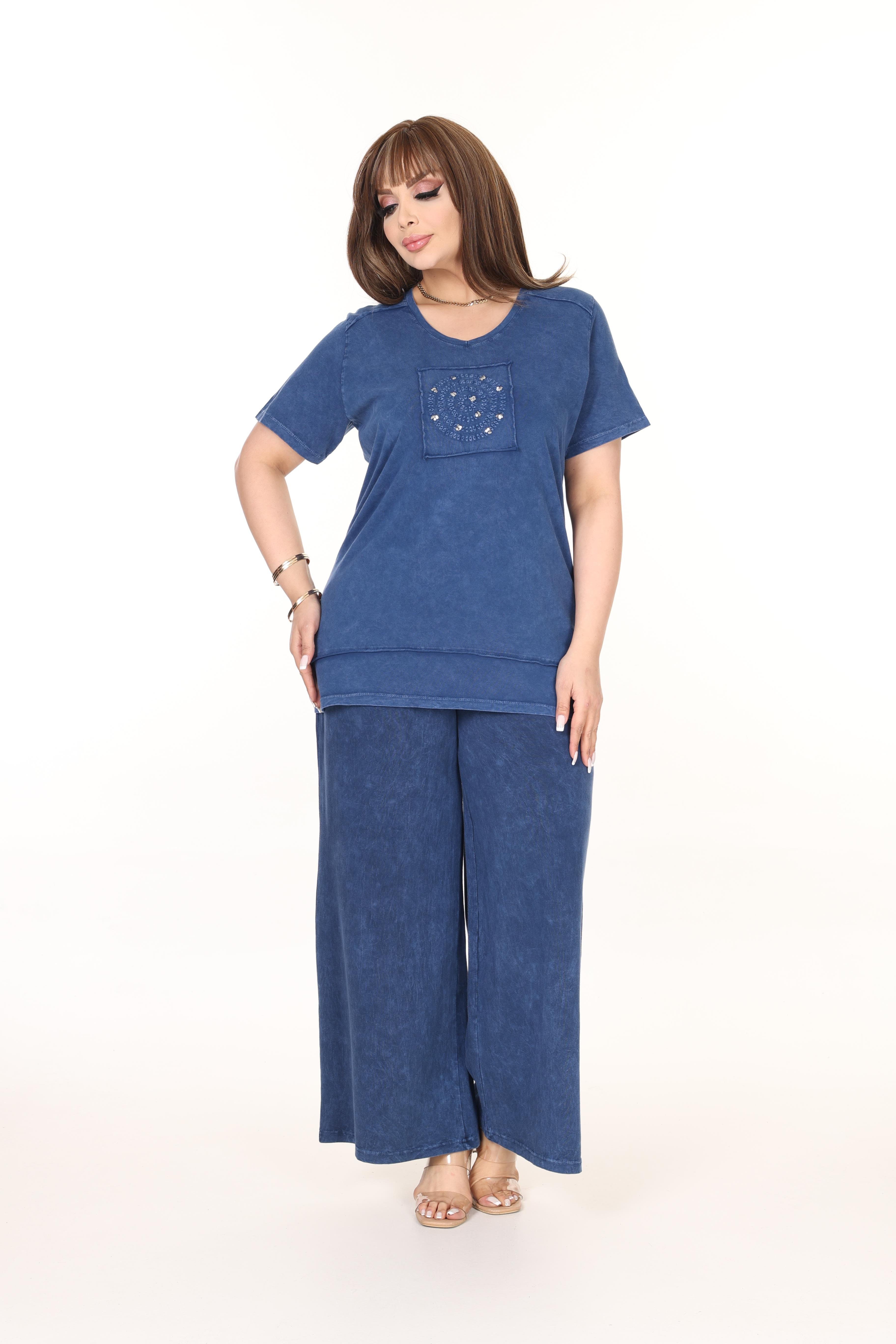 %100 Pamuk Yıkamalı Kumaş Taş Baskılı Alt-Üst Takım