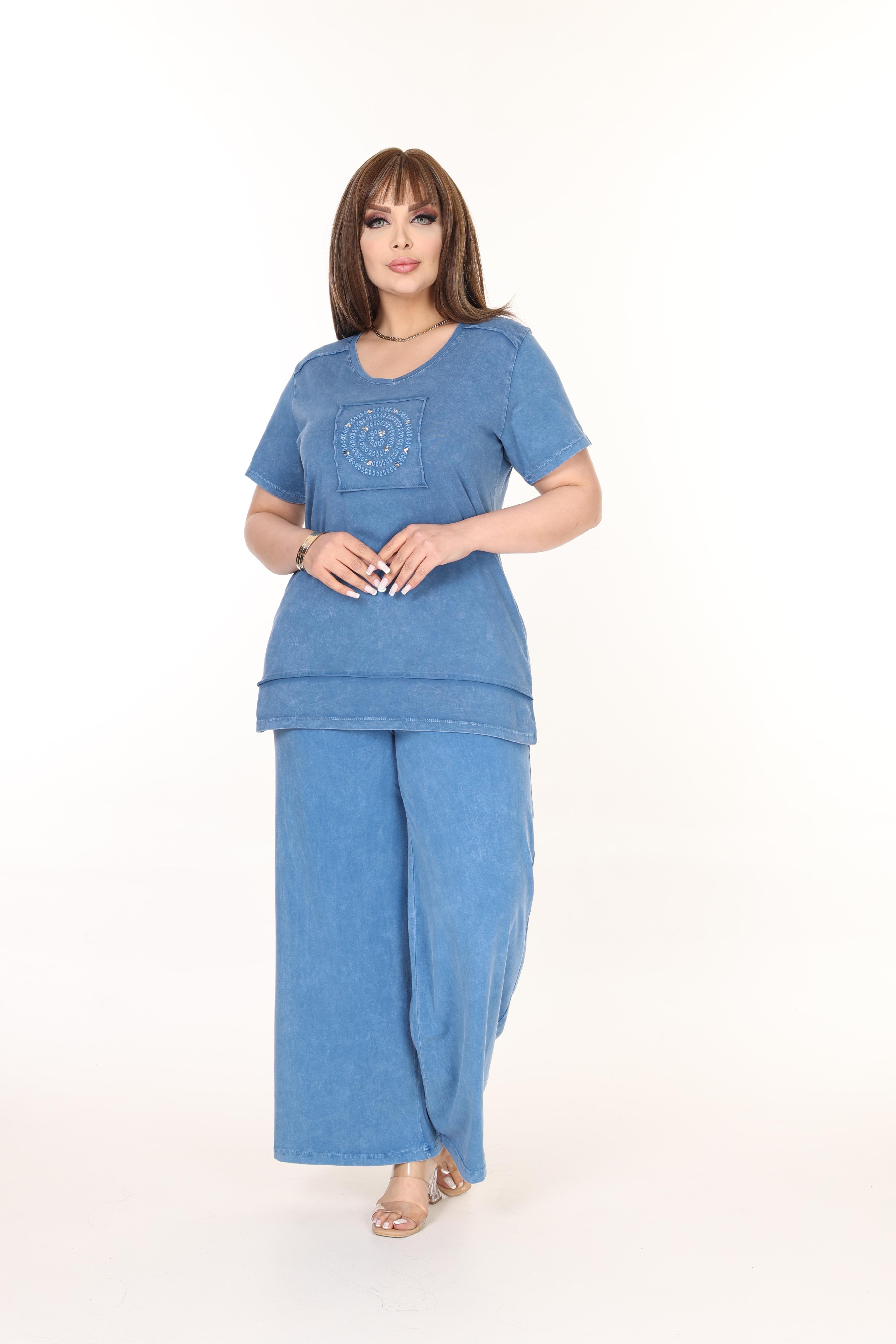 %100 Pamuk Yıkamalı Kumaş Taş Baskılı Alt-Üst Takım