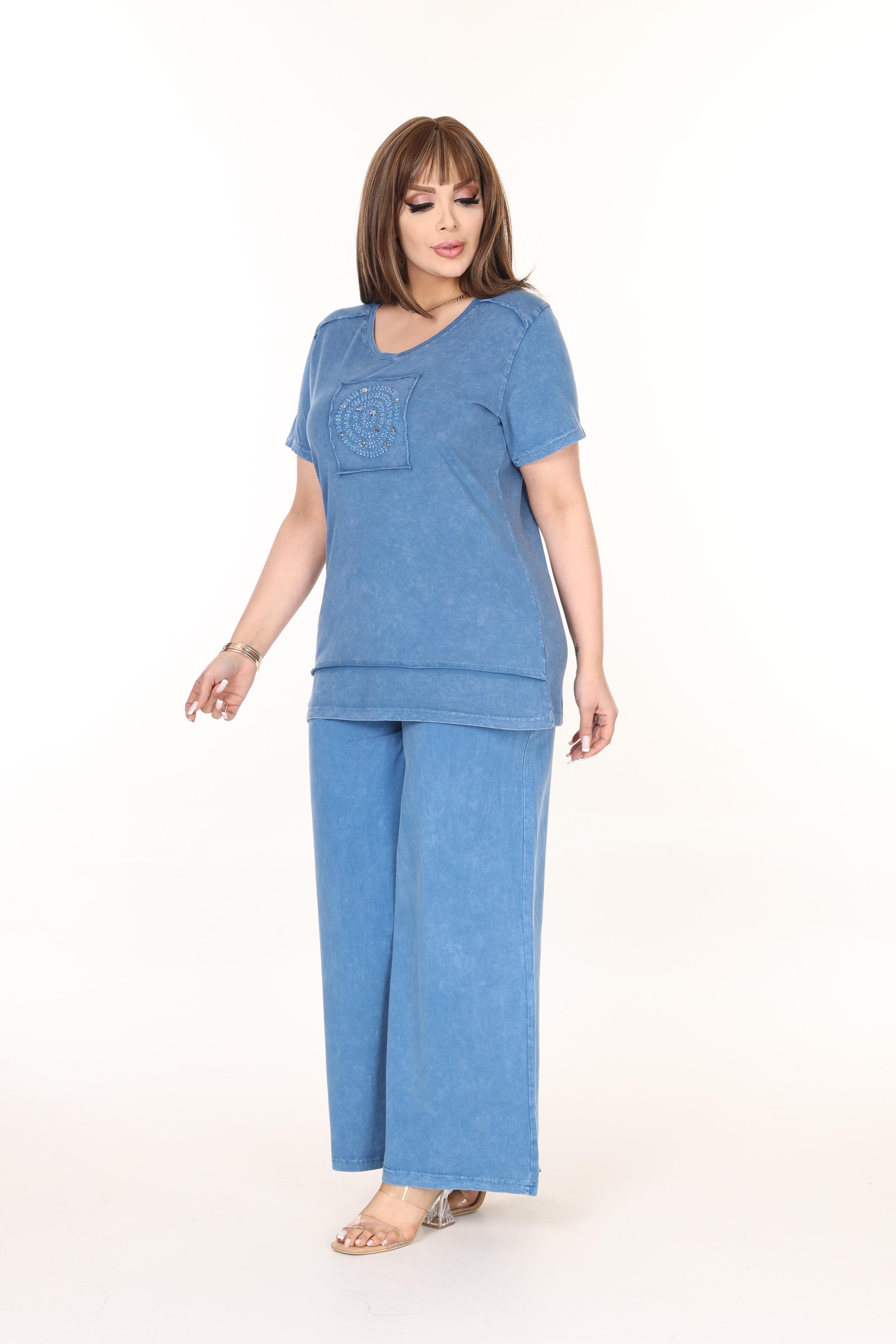 %100 Pamuk Yıkamalı Kumaş Taş Baskılı Alt-Üst Takım