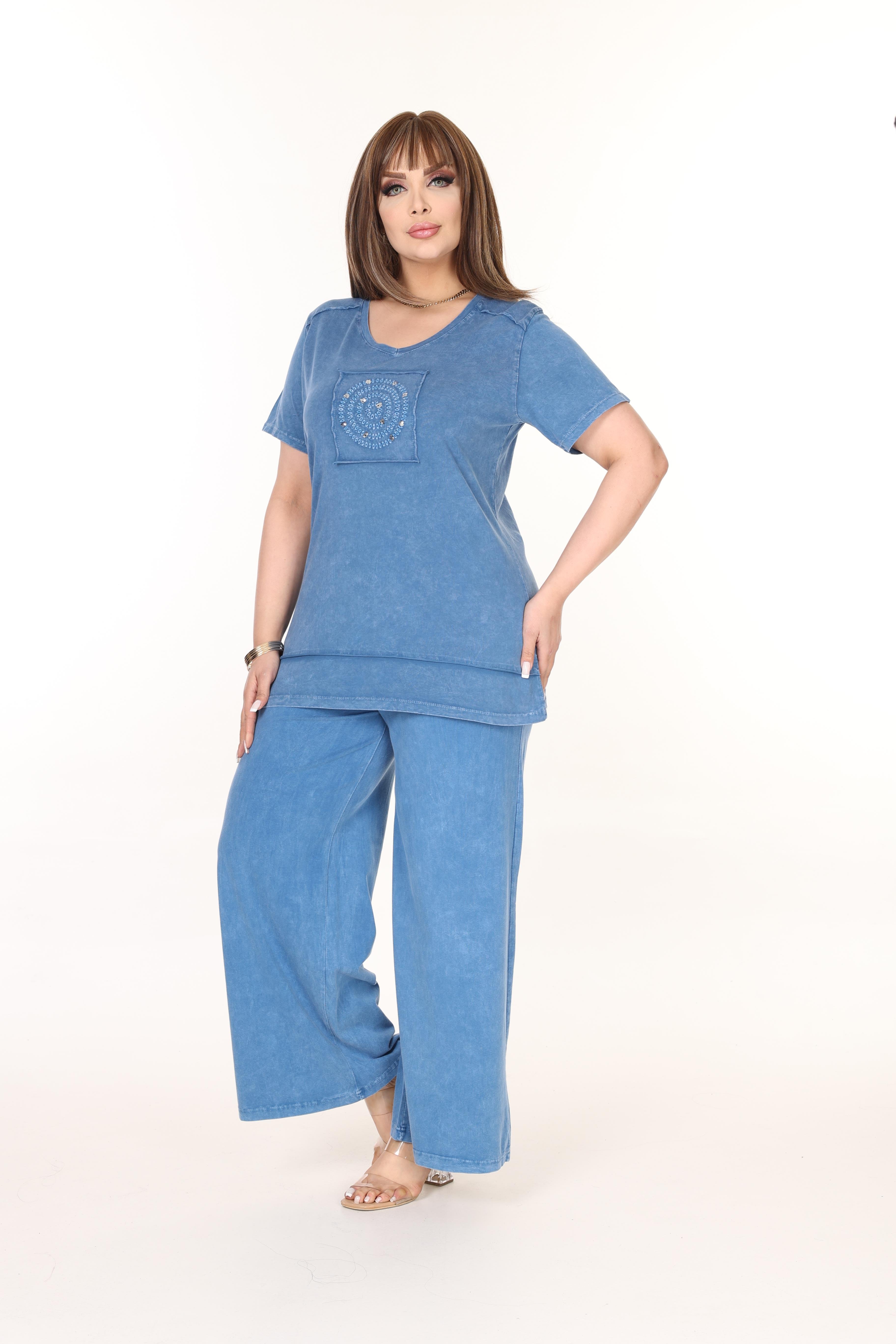 %100 Pamuk Yıkamalı Kumaş Taş Baskılı Alt-Üst Takım