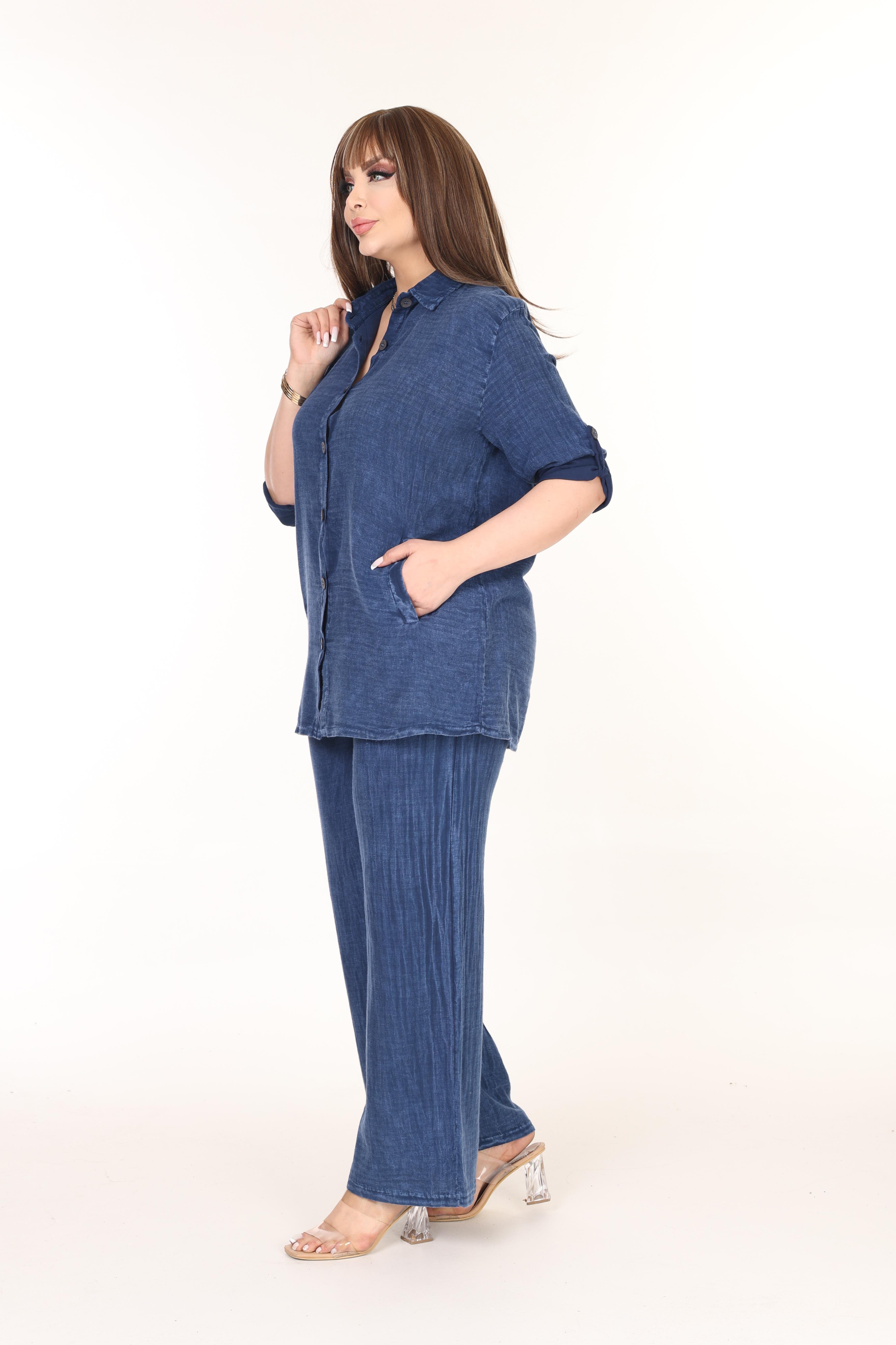 %100 Pamuk Yıkamalı Kumaş Yıldız Nakışlı Gömlek&Pantolon Takım