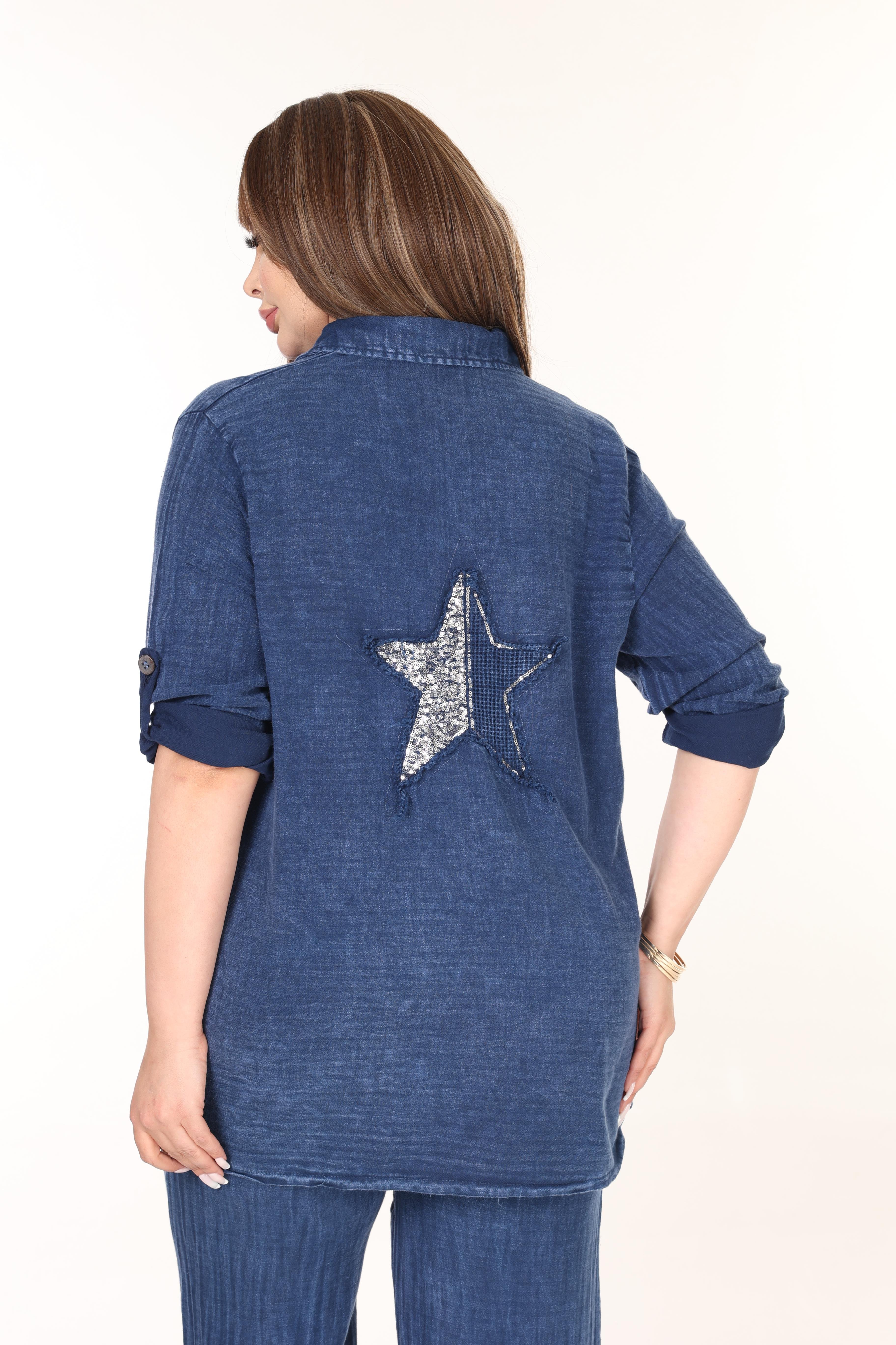 %100 Pamuk Yıkamalı Kumaş Yıldız Nakışlı Gömlek&Pantolon Takım