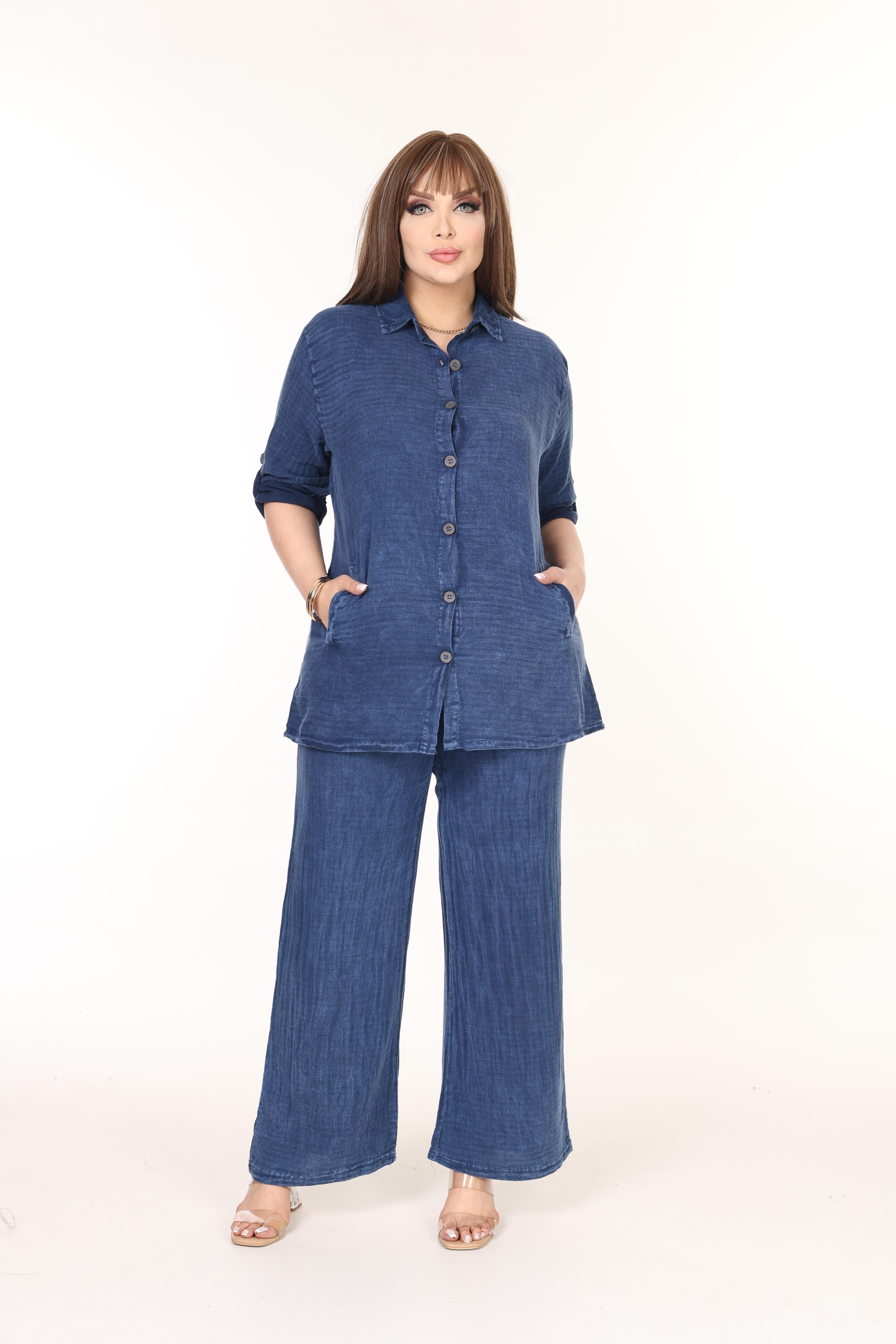 %100 Pamuk Yıkamalı Kumaş Yıldız Nakışlı Gömlek&Pantolon Takım