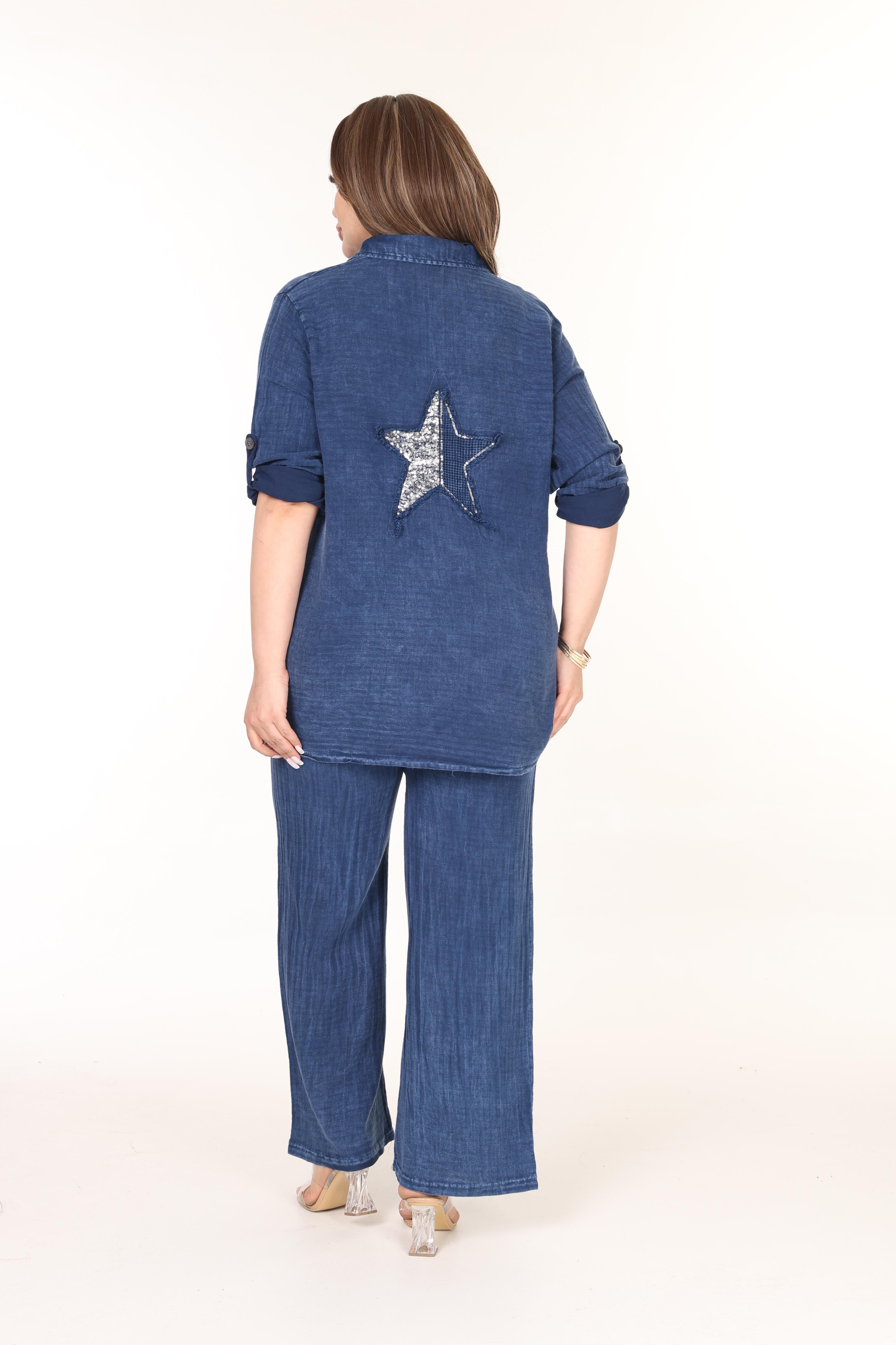 %100 Pamuk Yıkamalı Kumaş Yıldız Nakışlı Gömlek&Pantolon Takım