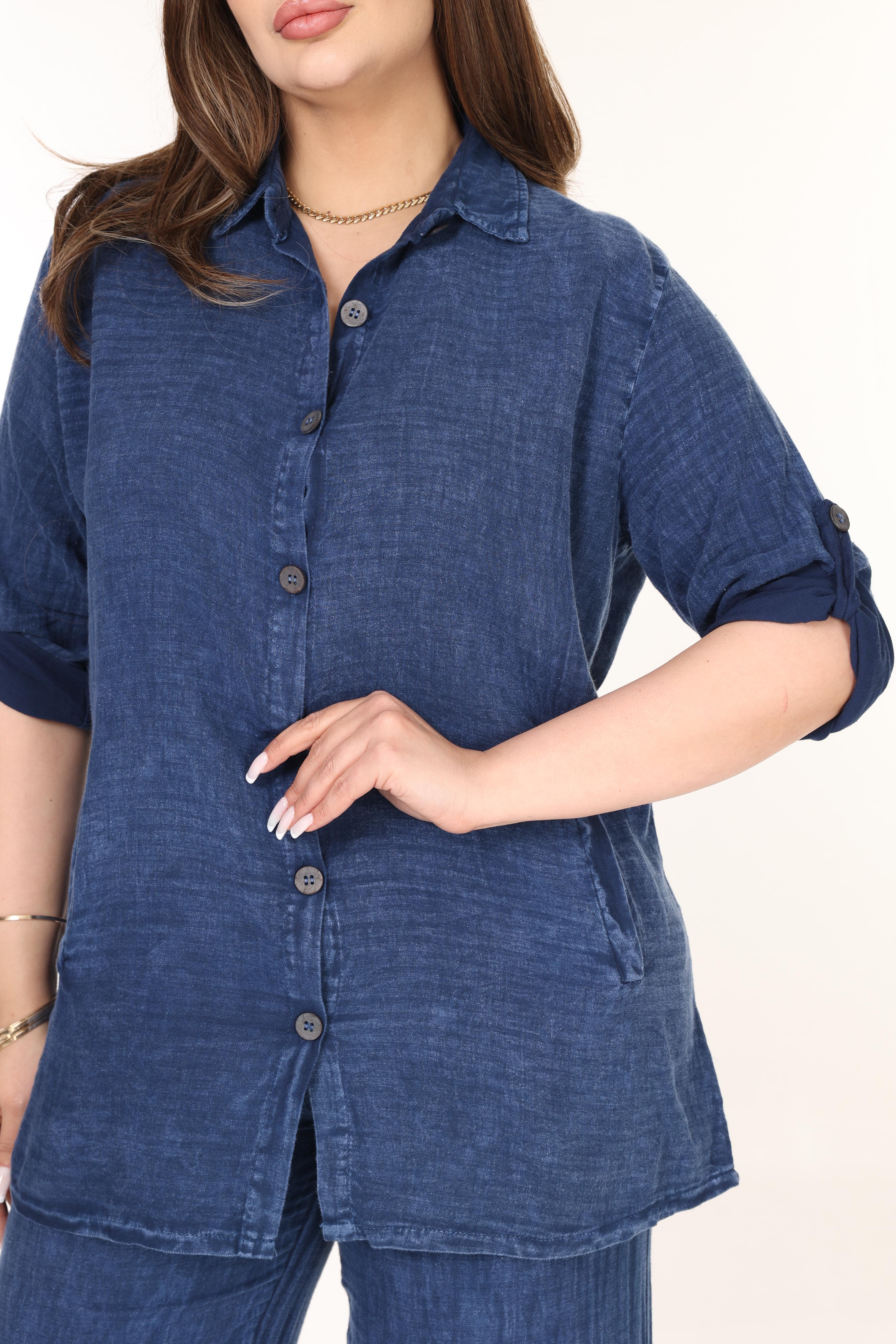 %100 Pamuk Yıkamalı Kumaş Yıldız Nakışlı Gömlek&Pantolon Takım