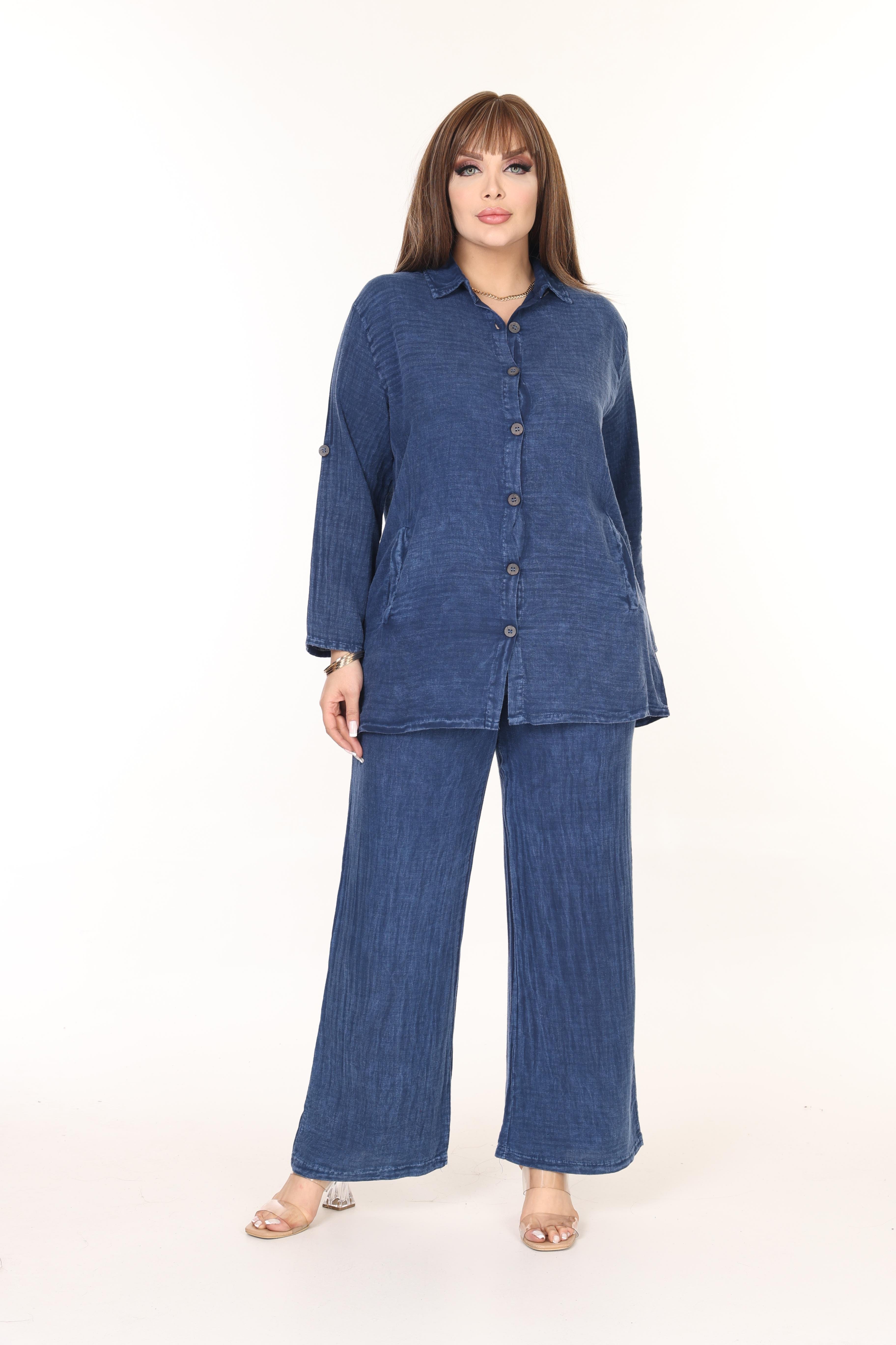 %100 Pamuk Yıkamalı Kumaş Yıldız Nakışlı Gömlek&Pantolon Takım