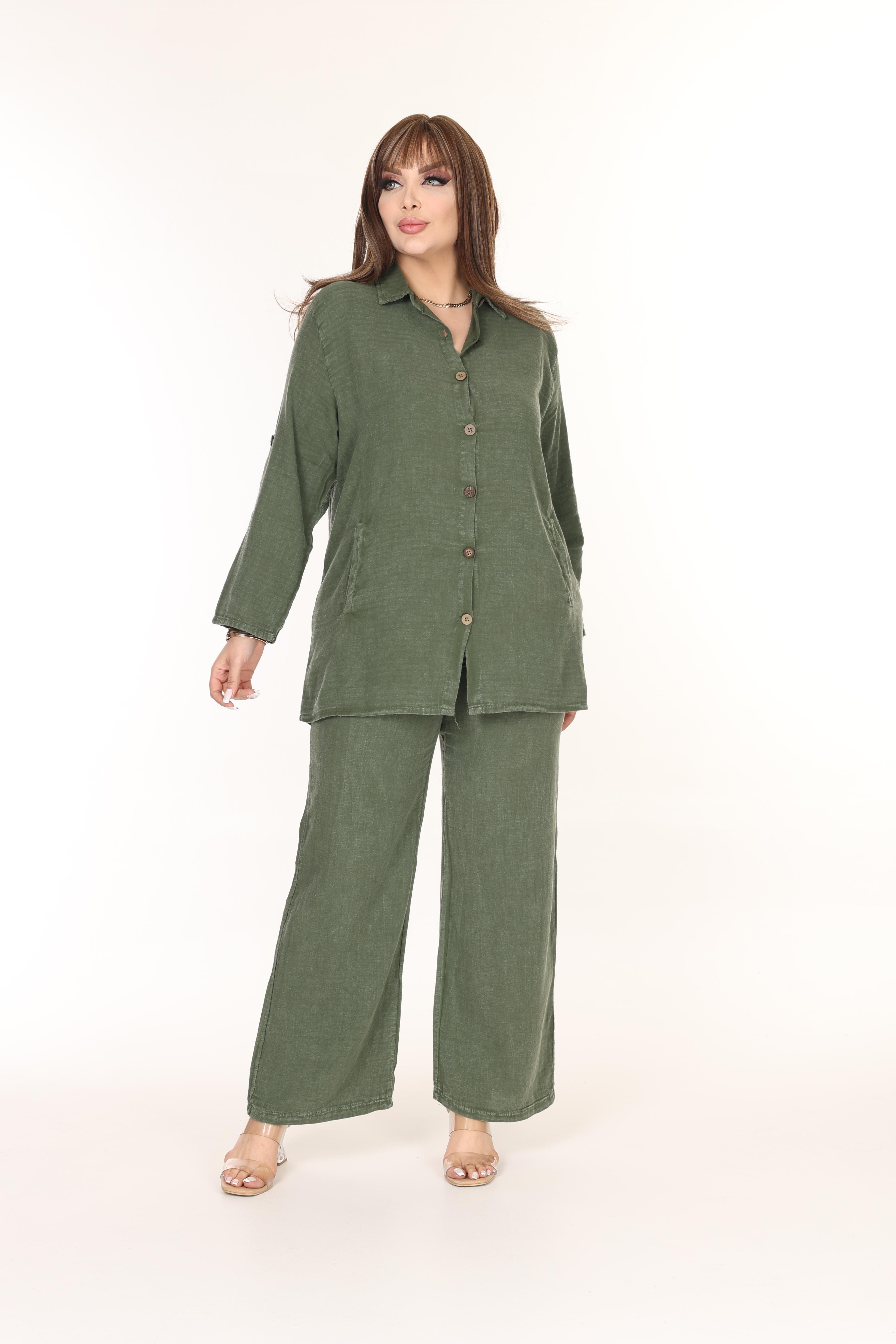 %100 Pamuk Yıkamalı Kumaş Yıldız Nakışlı Gömlek&Pantolon Takım