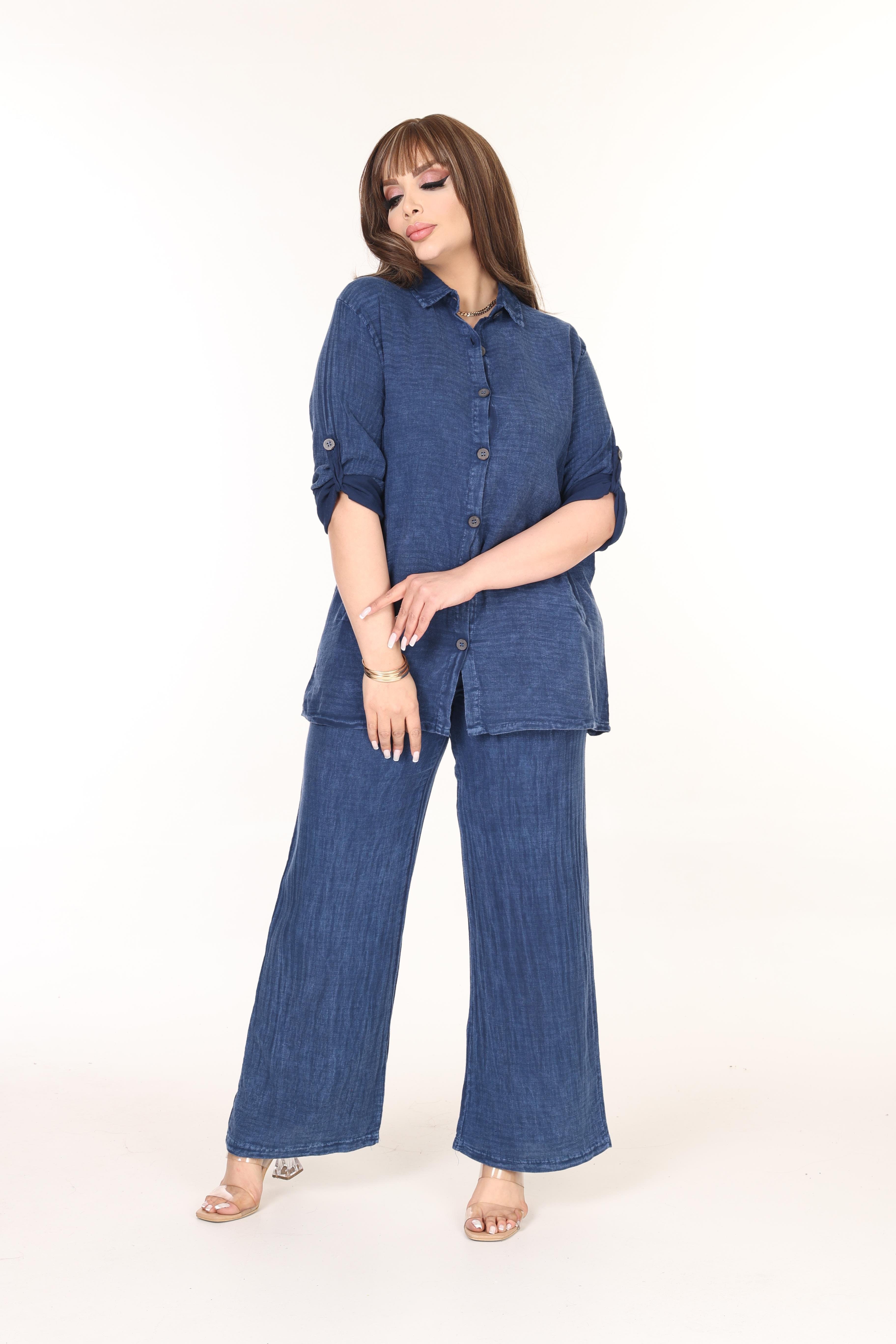 %100 Pamuk Yıkamalı Kumaş Yıldız Nakışlı Gömlek&Pantolon Takım