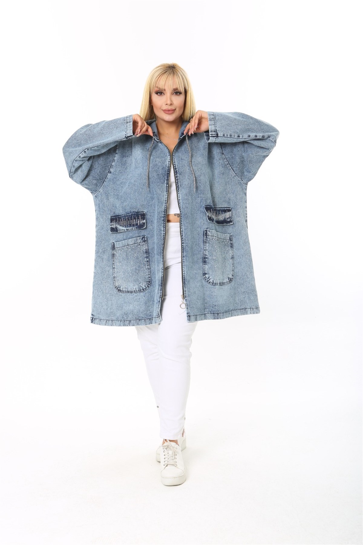 Battal Beden Kapşonlu Denim Kadın Ceket
