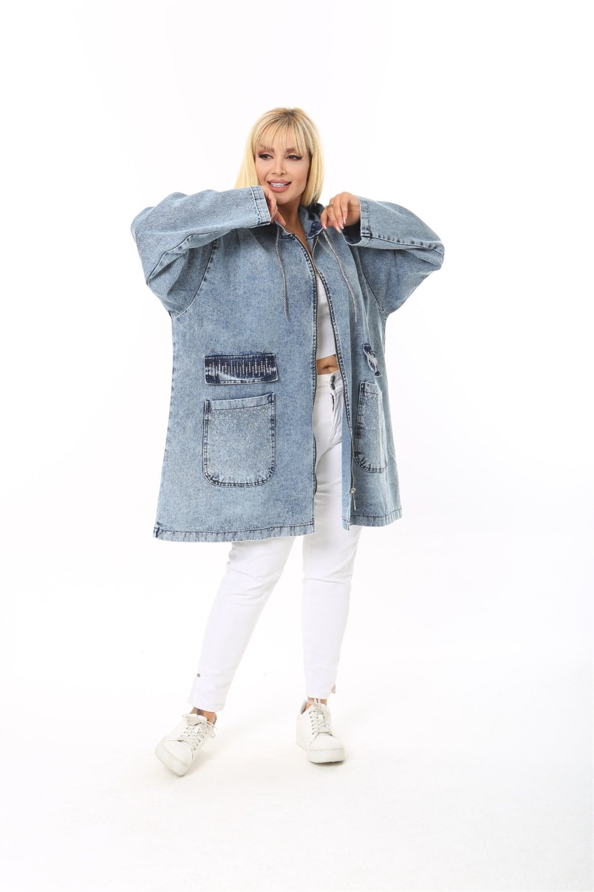 Battal Beden Kapşonlu Denim Kadın Ceket