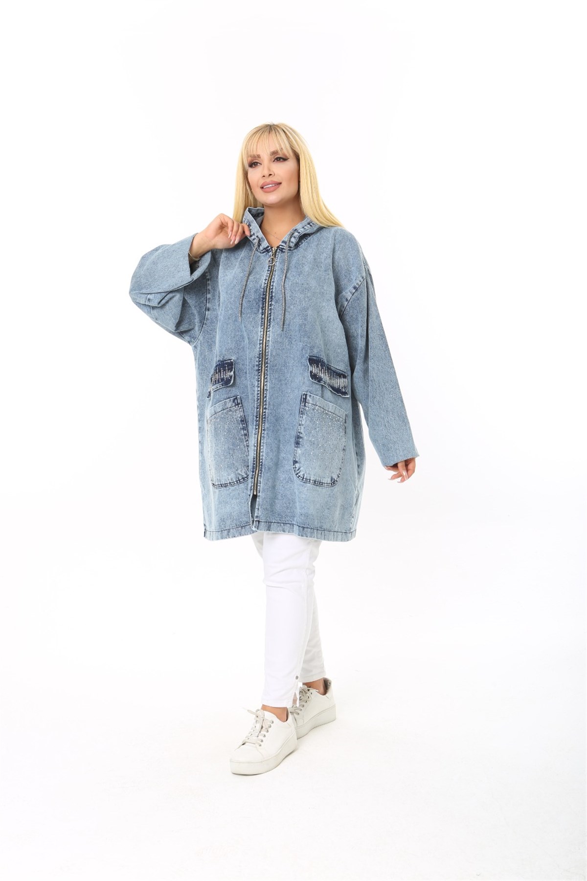 Battal Beden Kapşonlu Denim Kadın Ceket