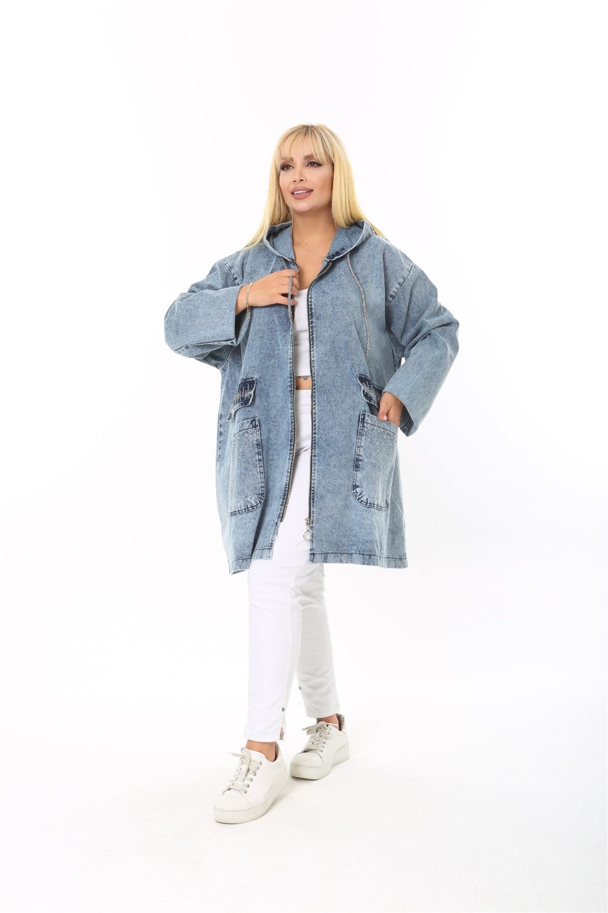 Battal Beden Kapşonlu Denim Kadın Ceket