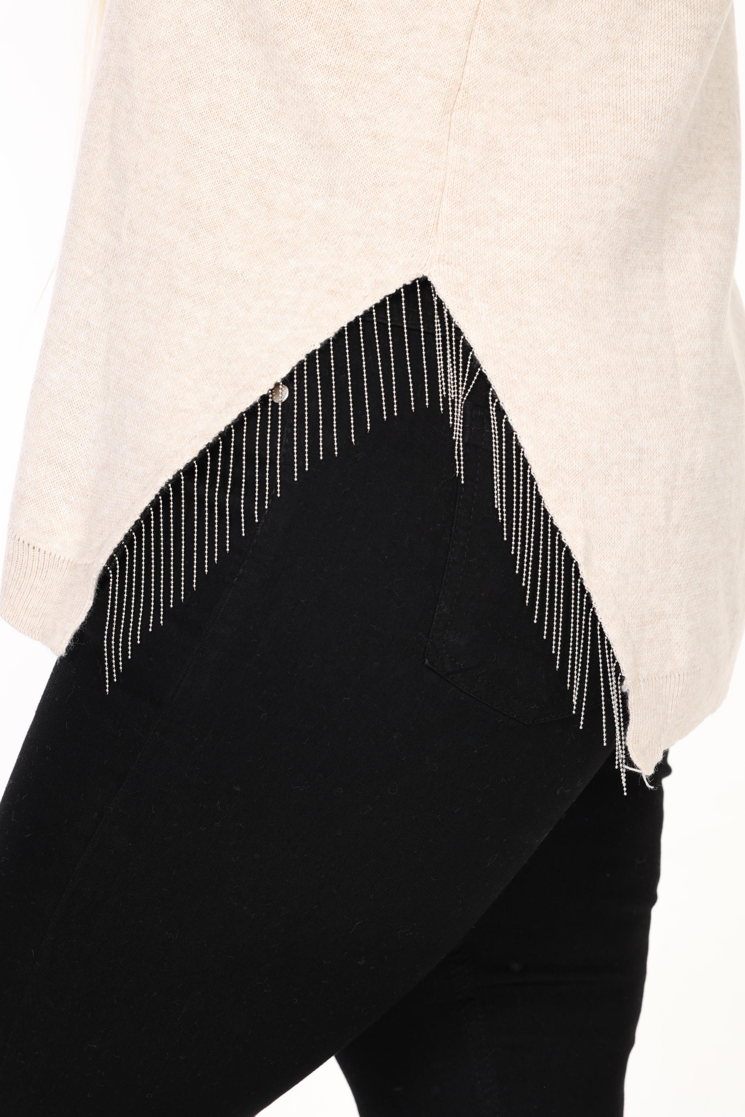 Bisiklet Yaka Rahat Kalıp Zincir Detaylı Yırtmaçlı Triko Kazak