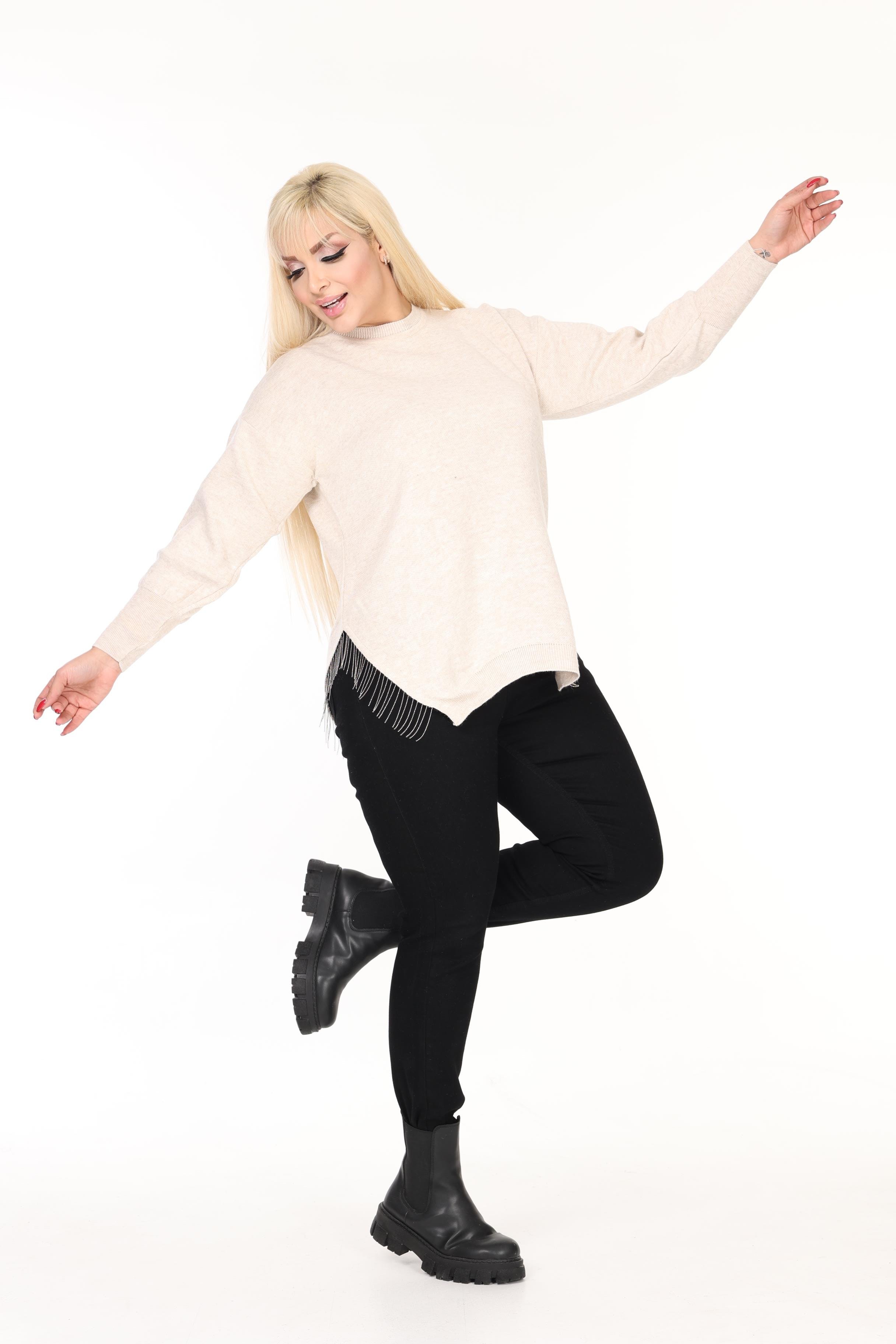 Bisiklet Yaka Rahat Kalıp Zincir Detaylı Yırtmaçlı Triko Kazak