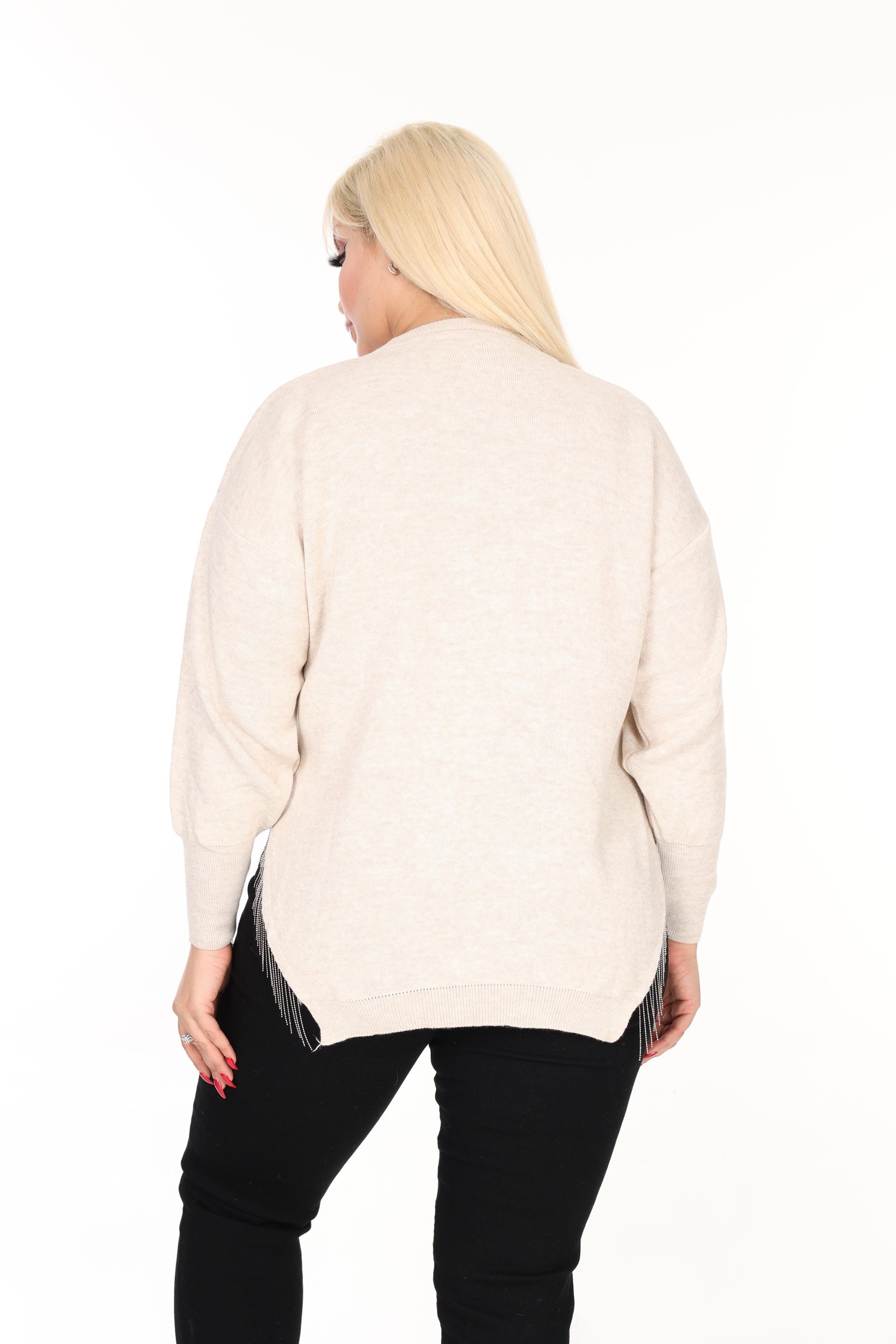 Bisiklet Yaka Rahat Kalıp Zincir Detaylı Yırtmaçlı Triko Kazak