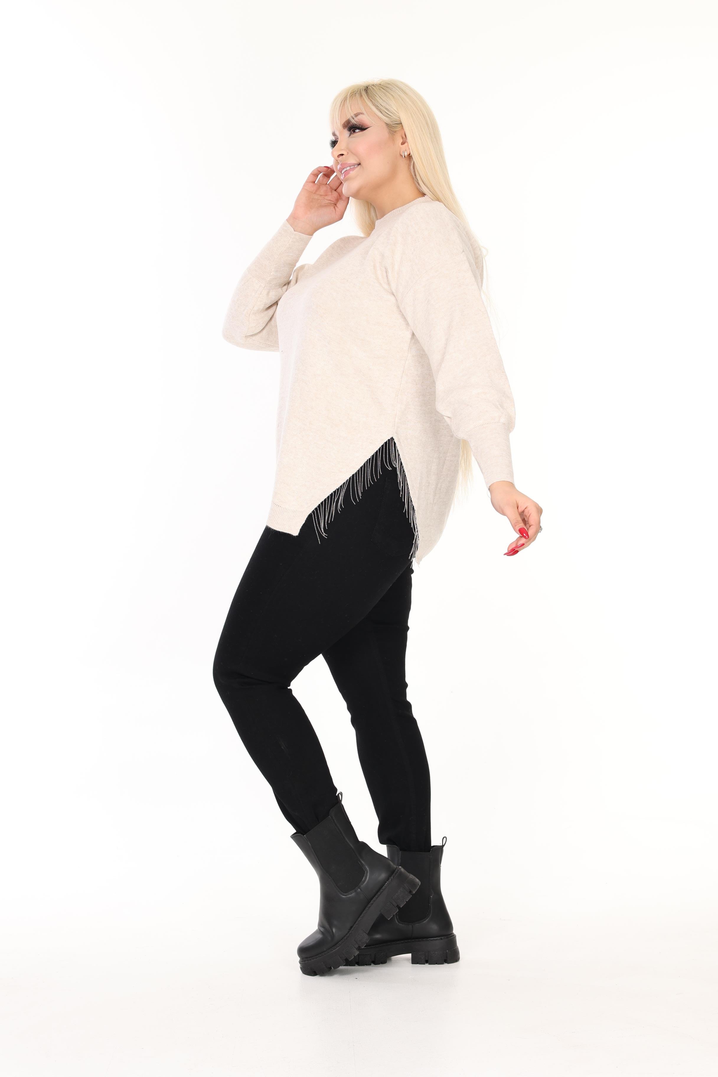 Bisiklet Yaka Rahat Kalıp Zincir Detaylı Yırtmaçlı Triko Kazak