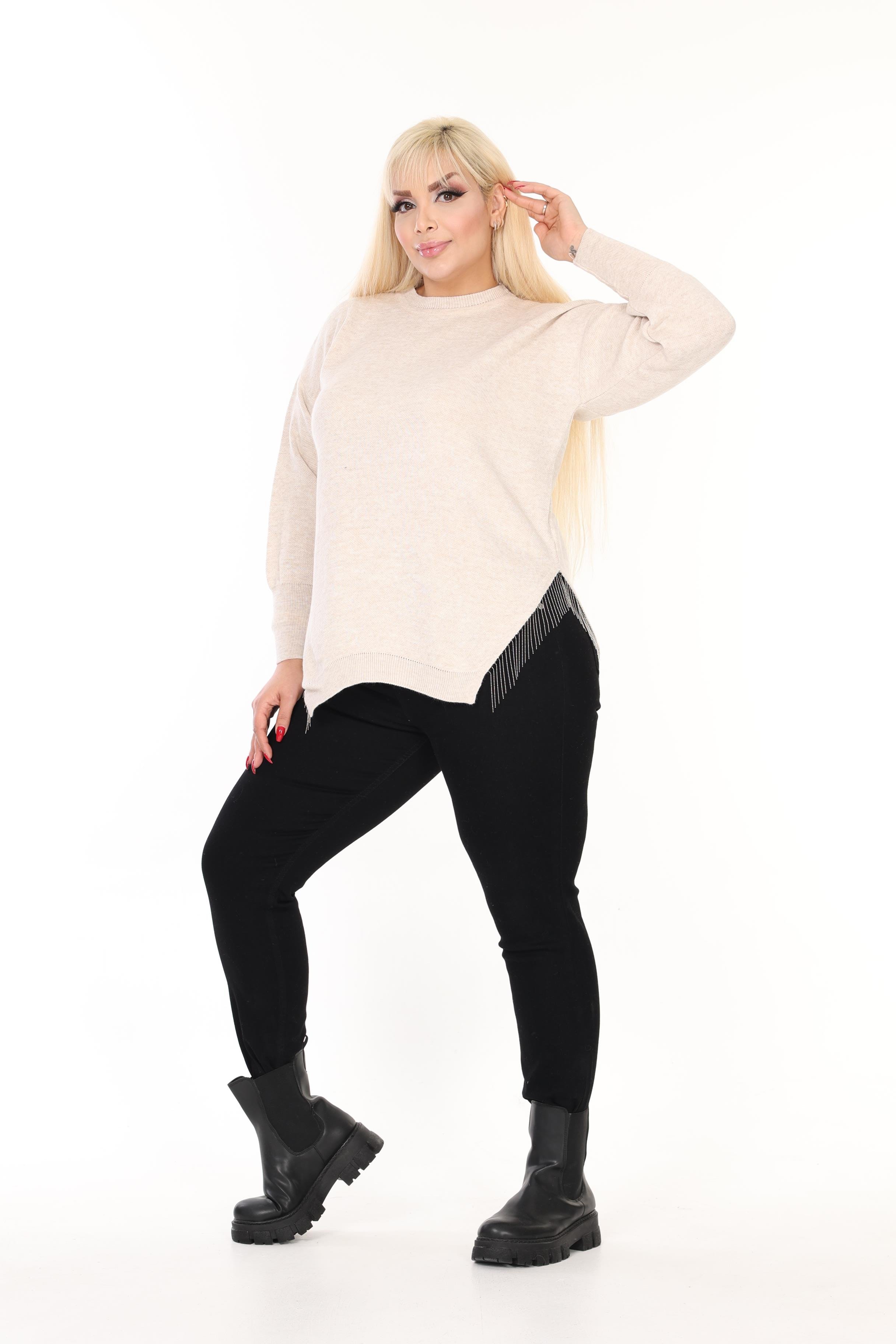 Bisiklet Yaka Rahat Kalıp Zincir Detaylı Yırtmaçlı Triko Kazak