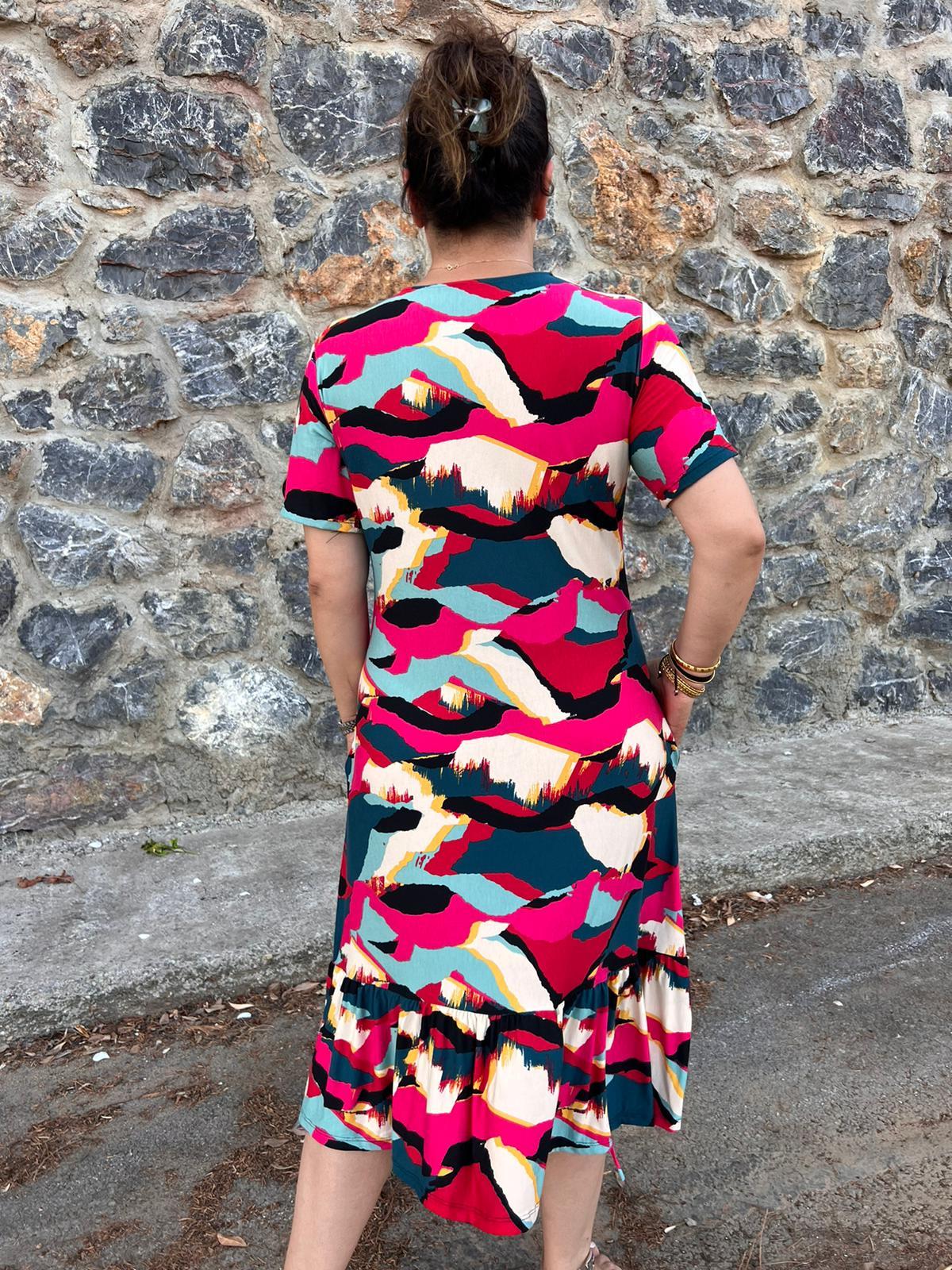 Blok Renkli Eteği Fırfırlı Büyük Beden Elbise