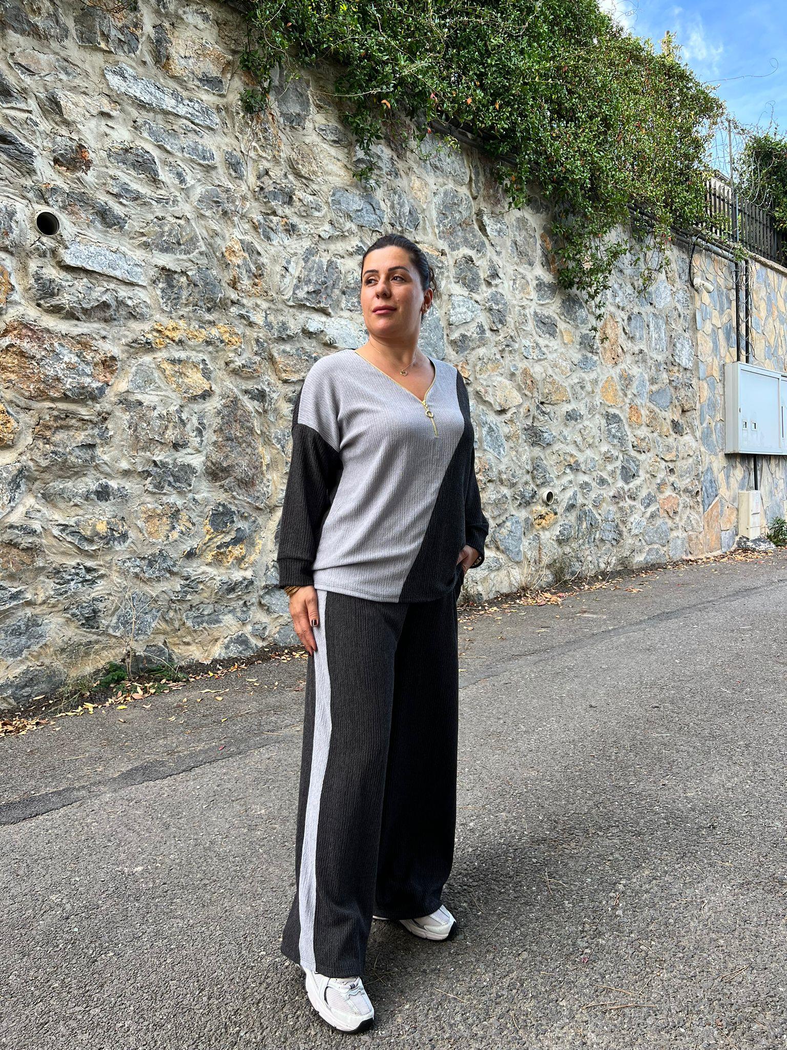 Blok Renkli Yaka Fermuarlı Bürümcük Alt-Üst Takım