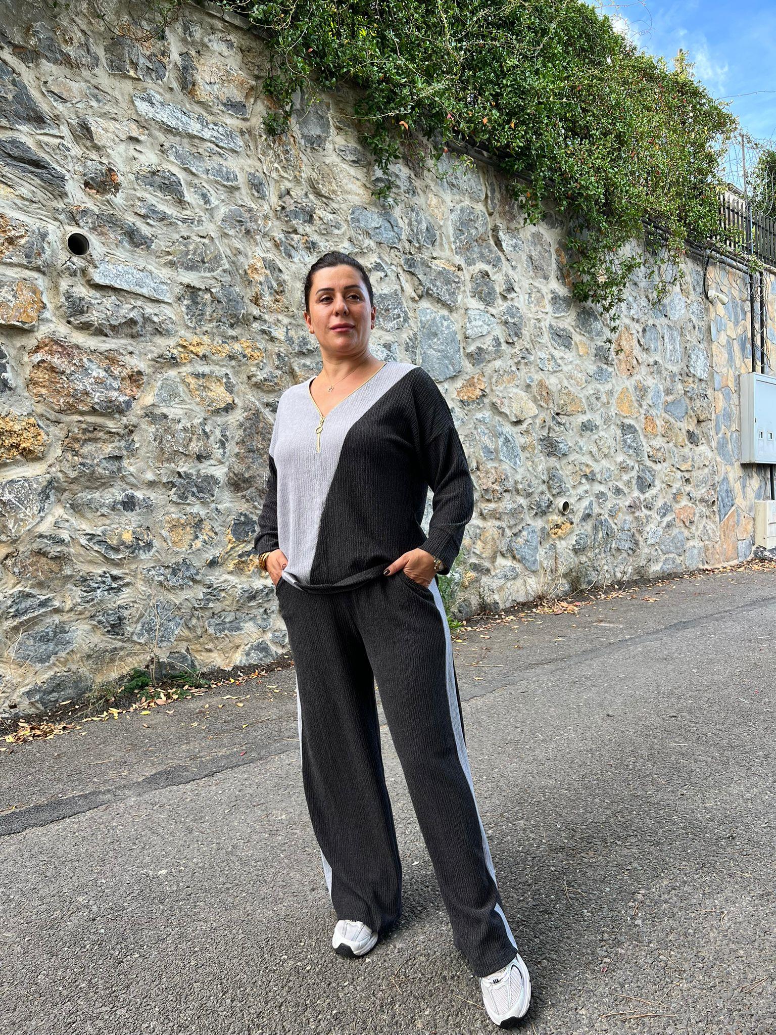 Blok Renkli Yaka Fermuarlı Bürümcük Alt-Üst Takım