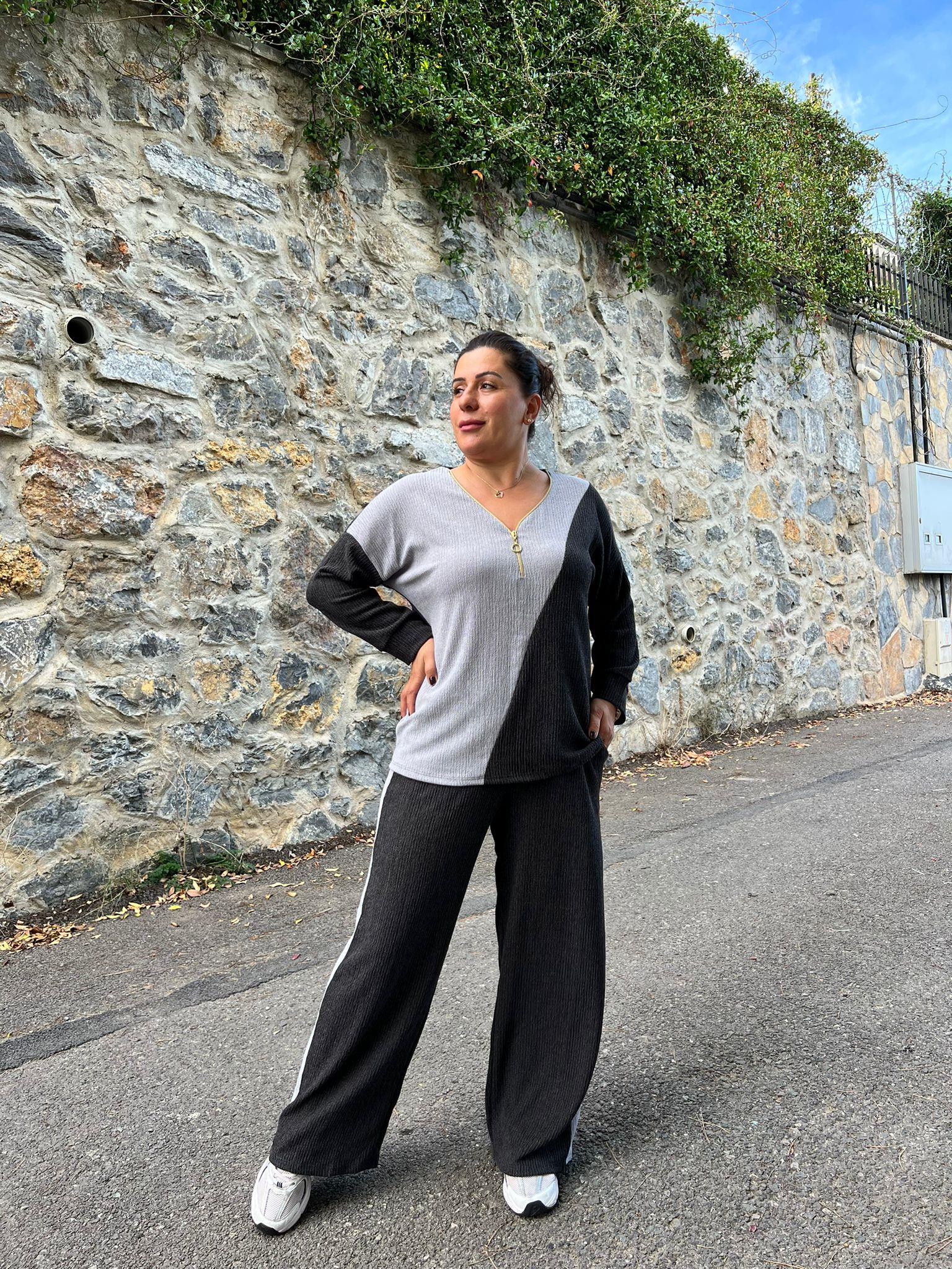 Blok Renkli Yaka Fermuarlı Bürümcük Alt-Üst Takım