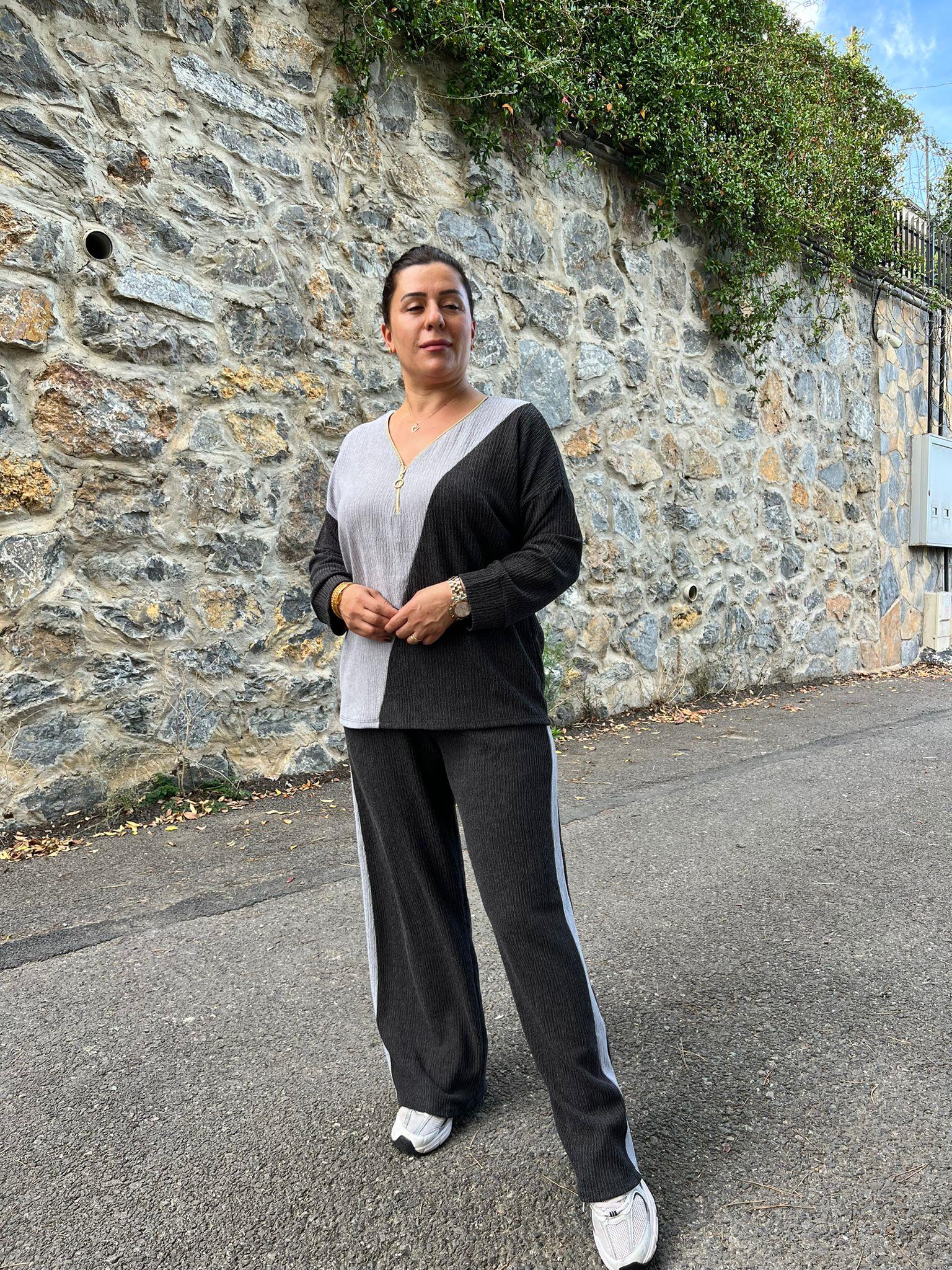 Blok Renkli Yaka Fermuarlı Bürümcük Alt-Üst Takım