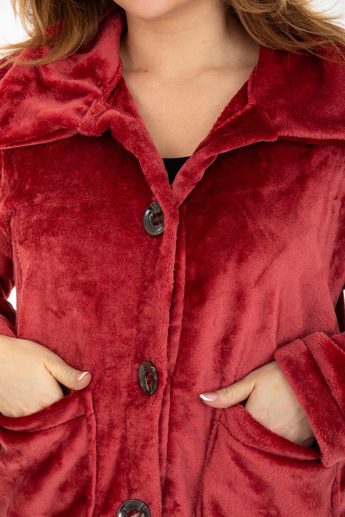 Bordo Oversize Cepli Peluş Ceket