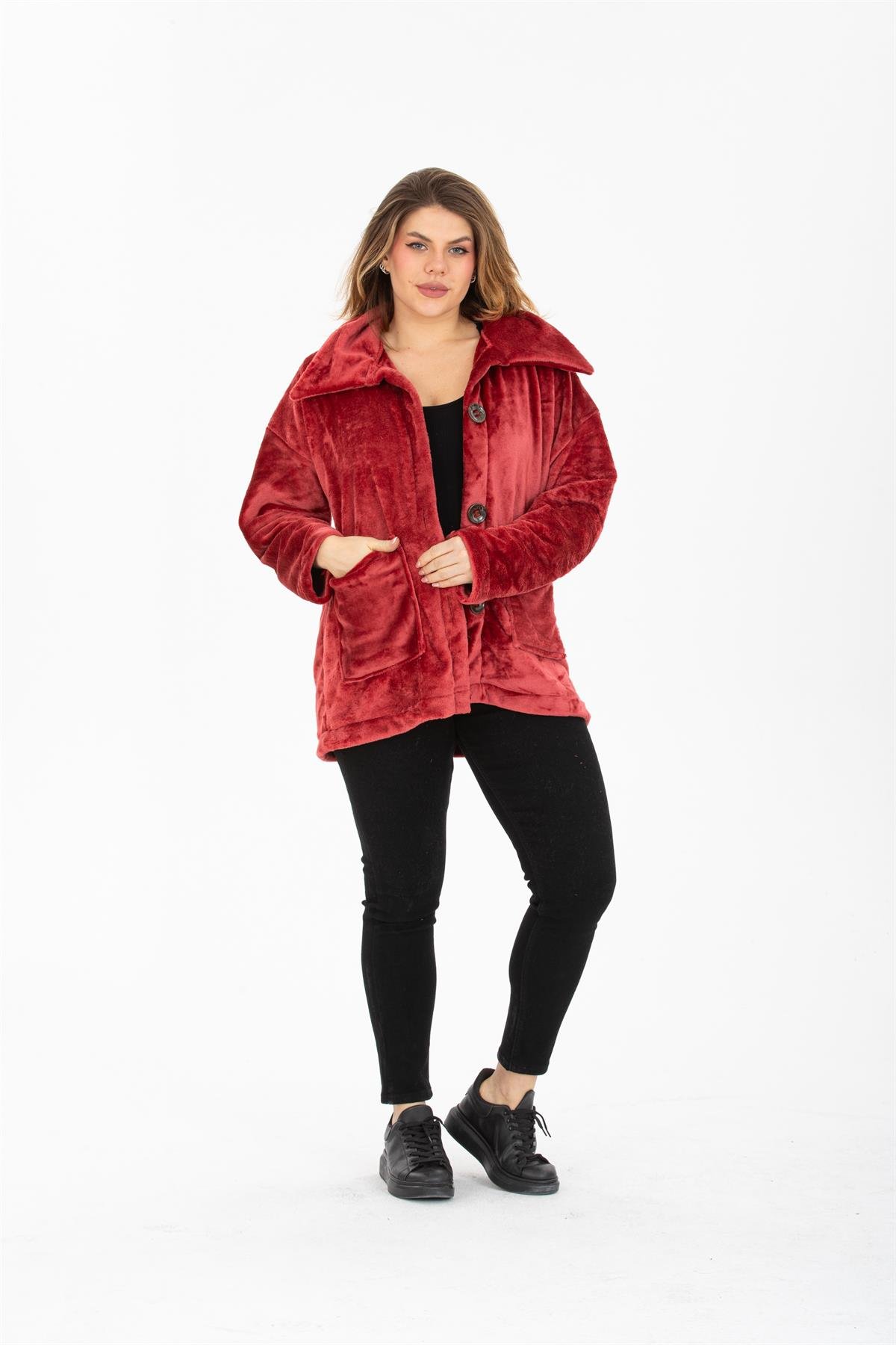 Bordo Oversize Cepli Peluş Ceket