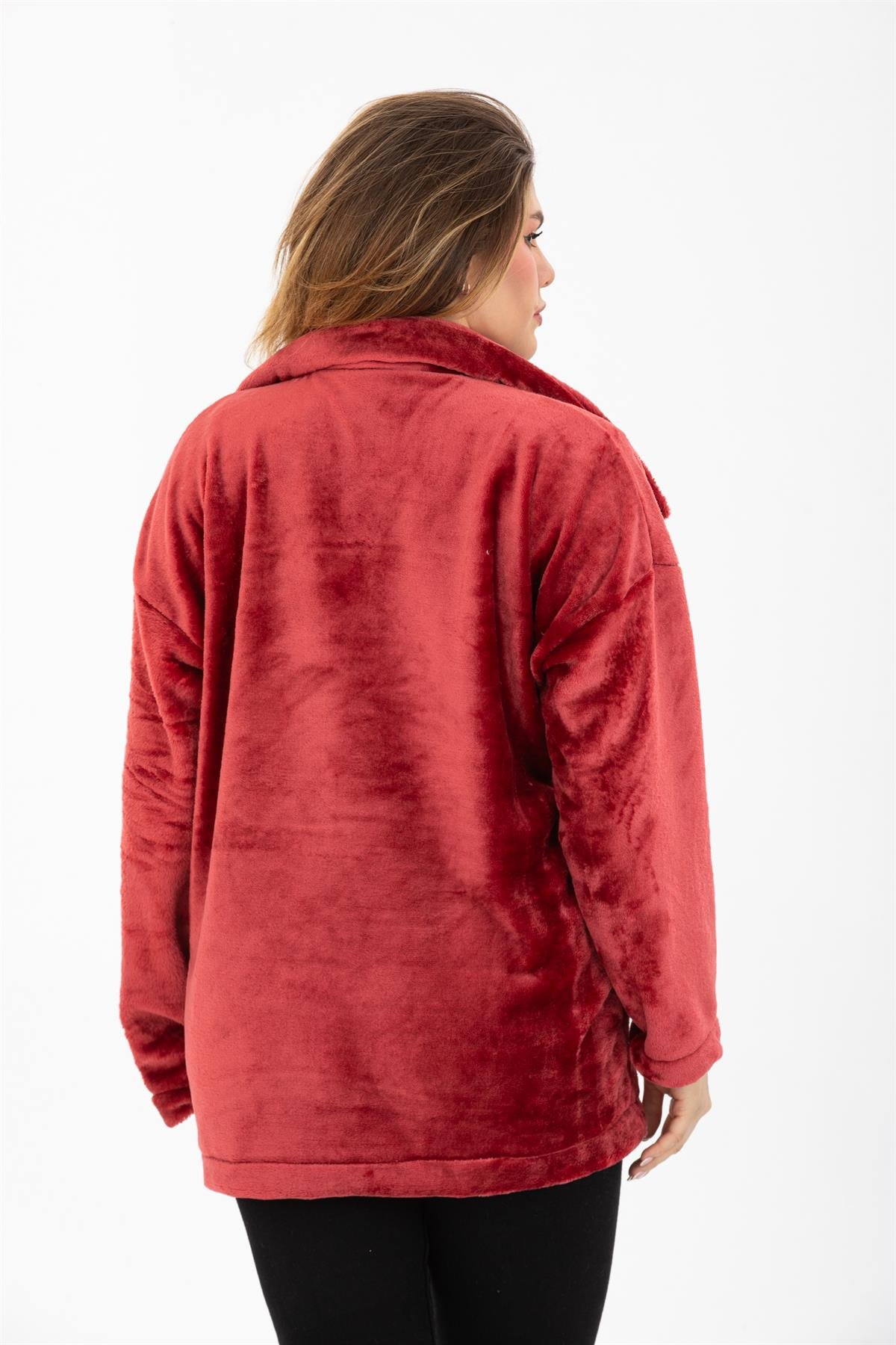 Bordo Oversize Cepli Peluş Ceket