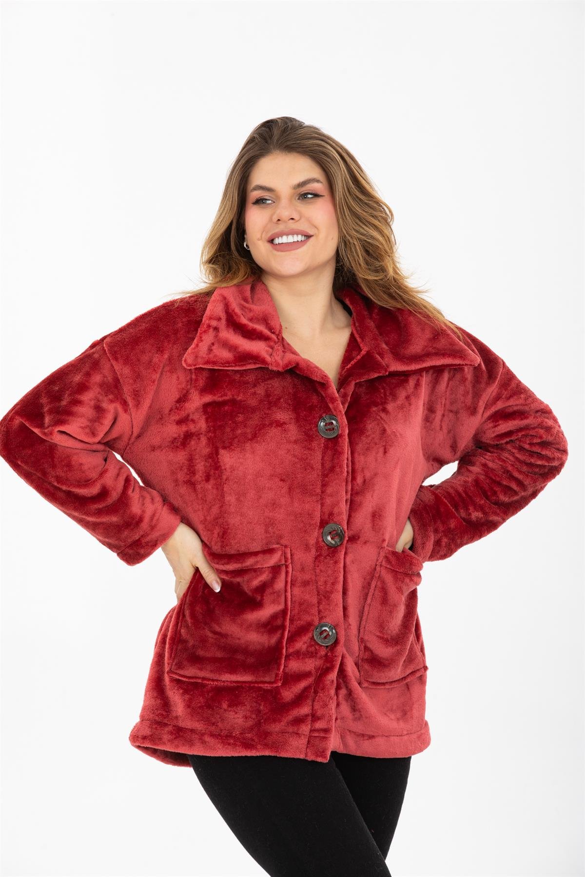 Bordo Oversize Cepli Peluş Ceket