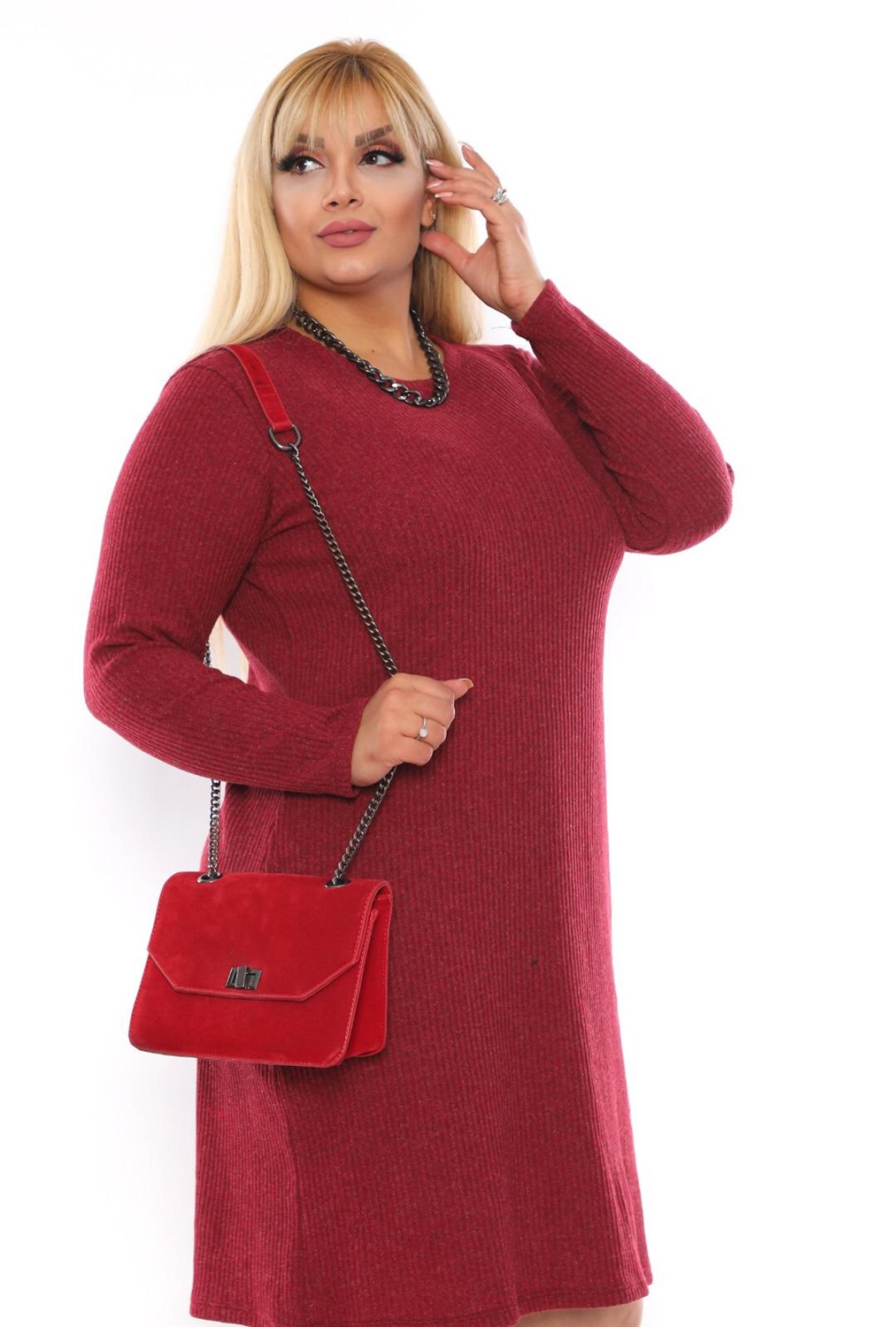 Bordo triko cepli kısa elbise