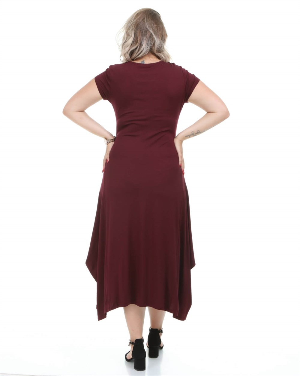 Bordo yaprak nakışlı büyük beden viskon elbise 