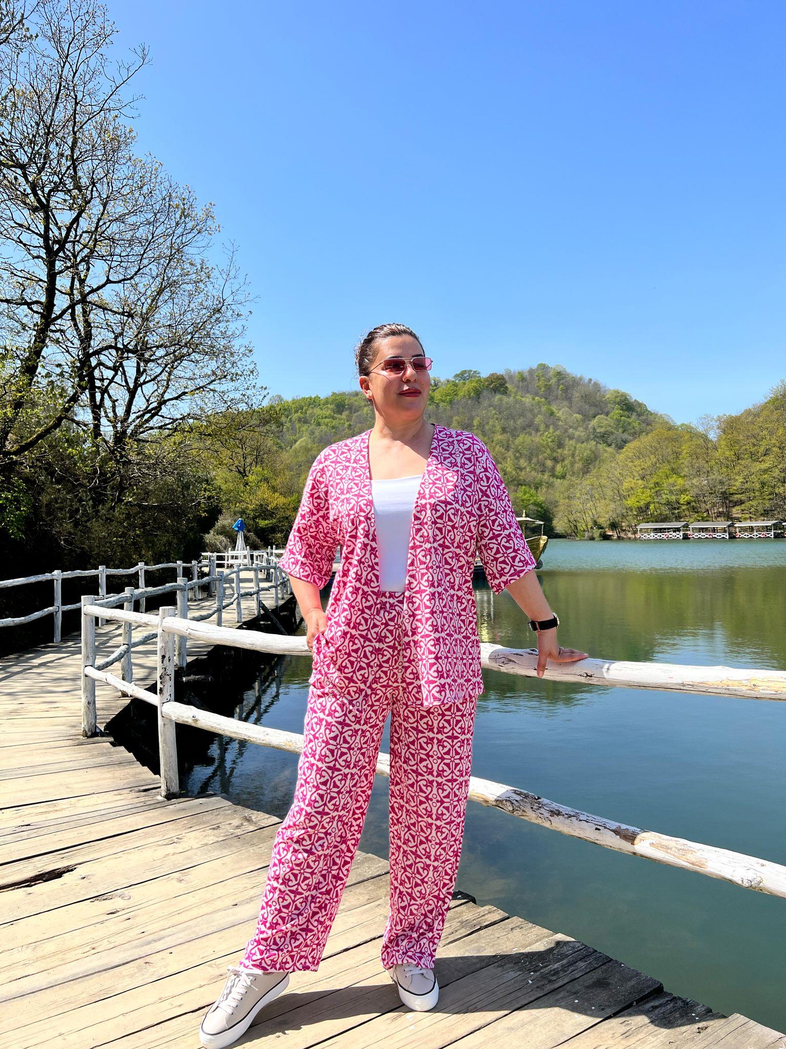 Büyük Beden Kimono & Pantolon Örme Takım 