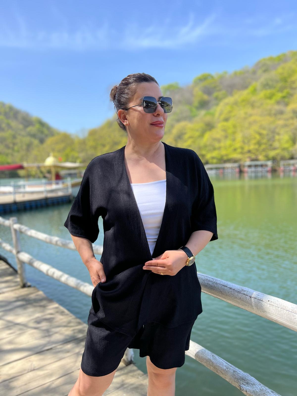 Büyük Beden Kimono & Şort Örme Takım