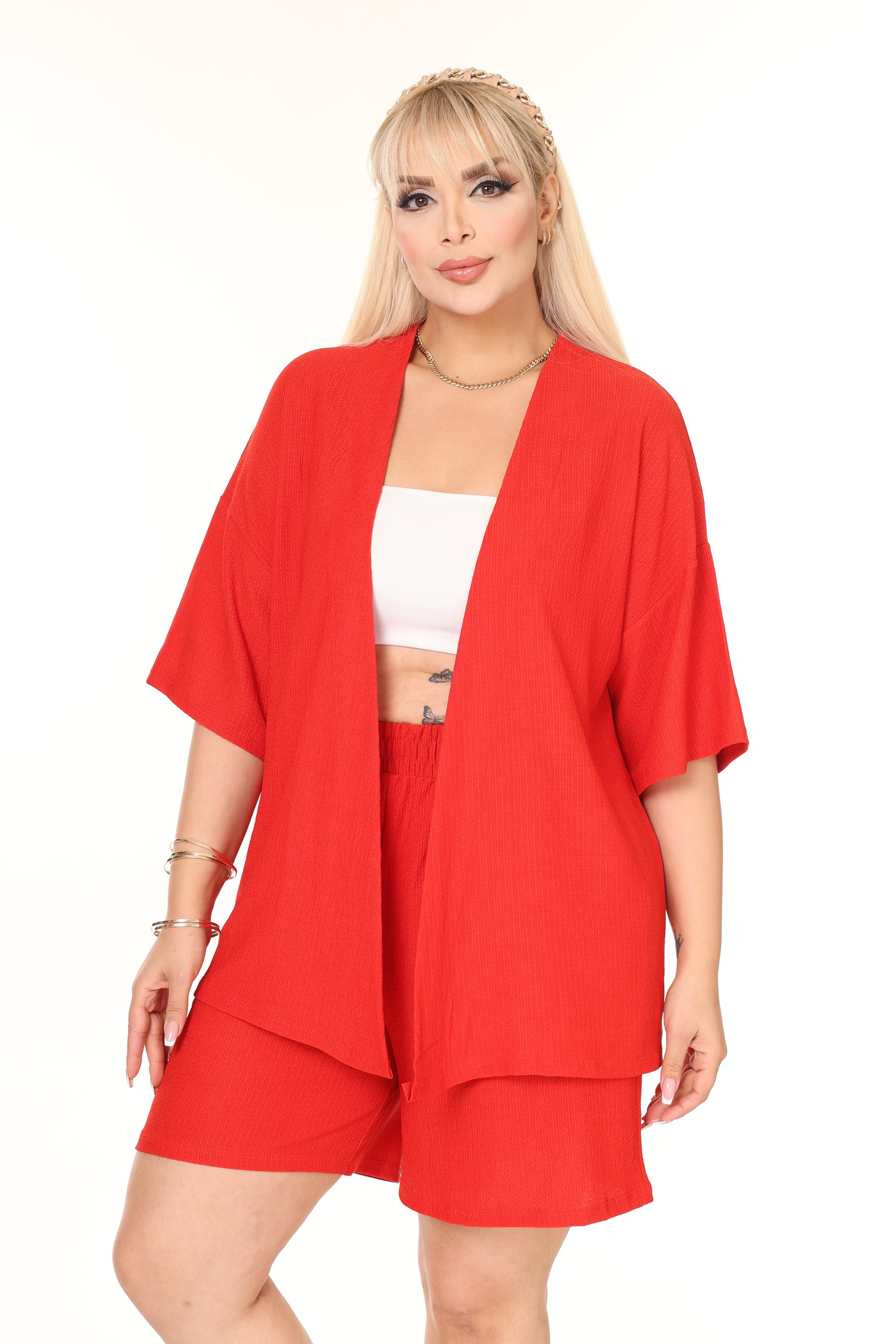 Büyük Beden Kimono & Şort Örme Takım