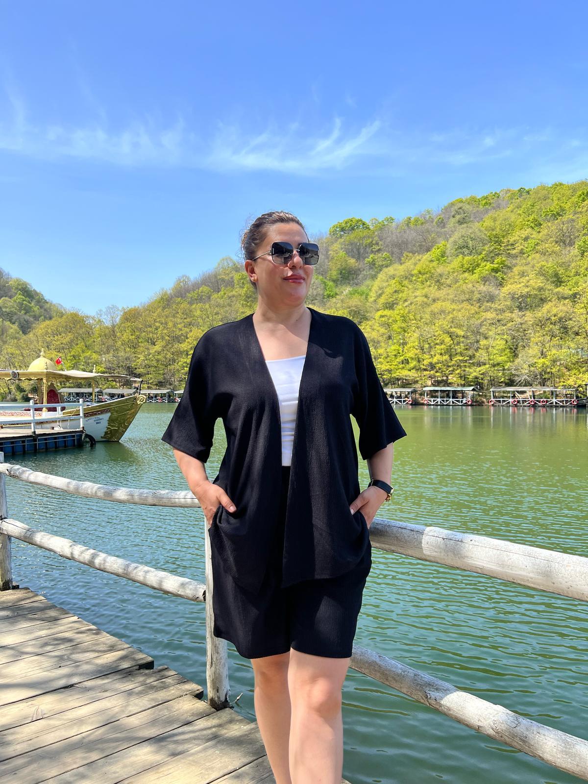 Büyük Beden Kimono & Şort Örme Takım