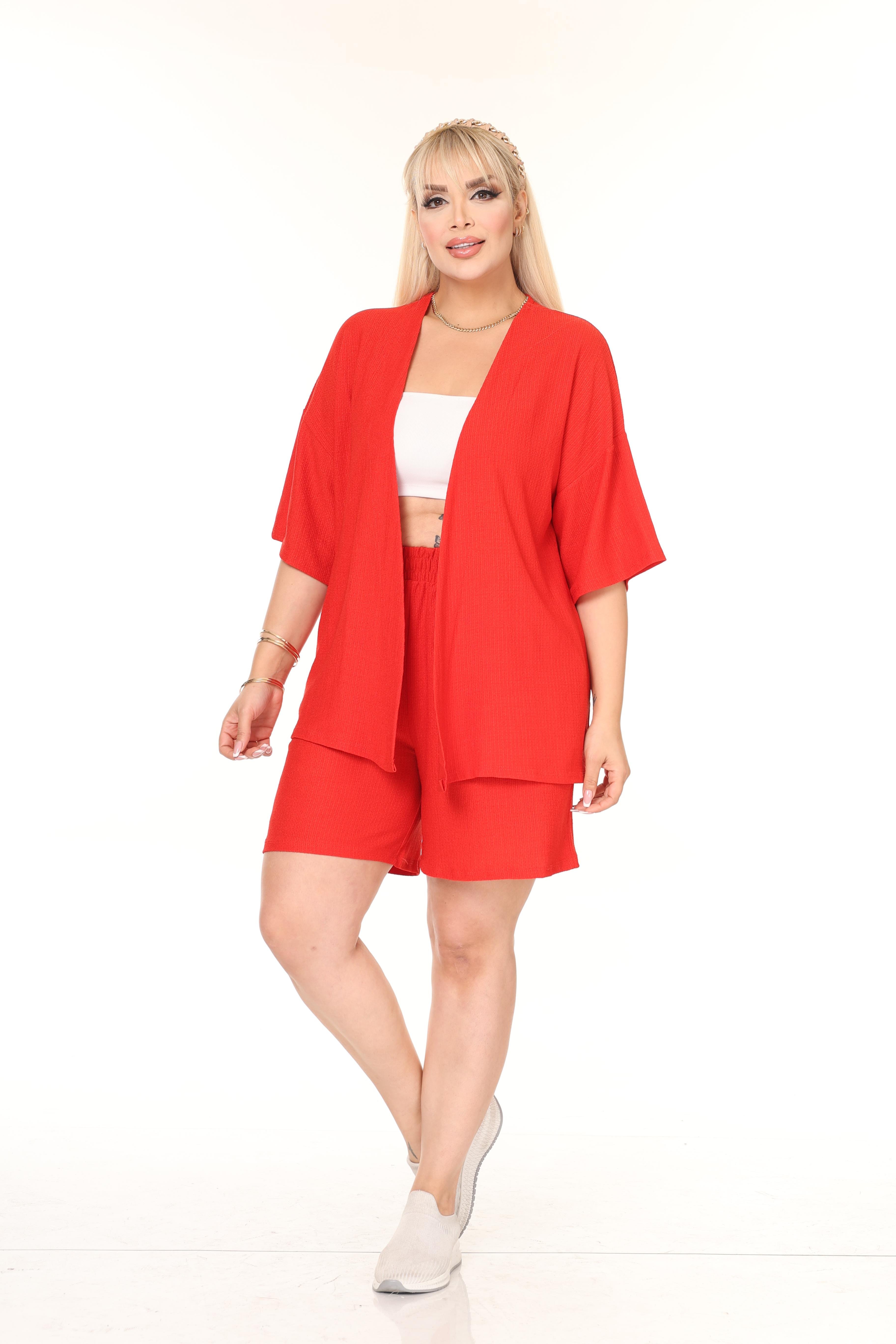 Büyük Beden Kimono & Şort Örme Takım