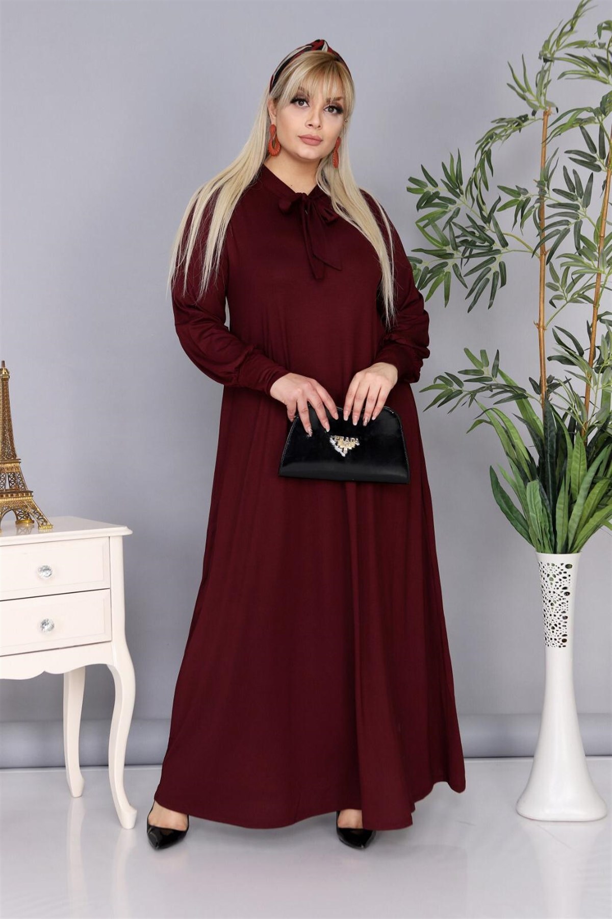 Büyük beden kravat yaka bordo elbise