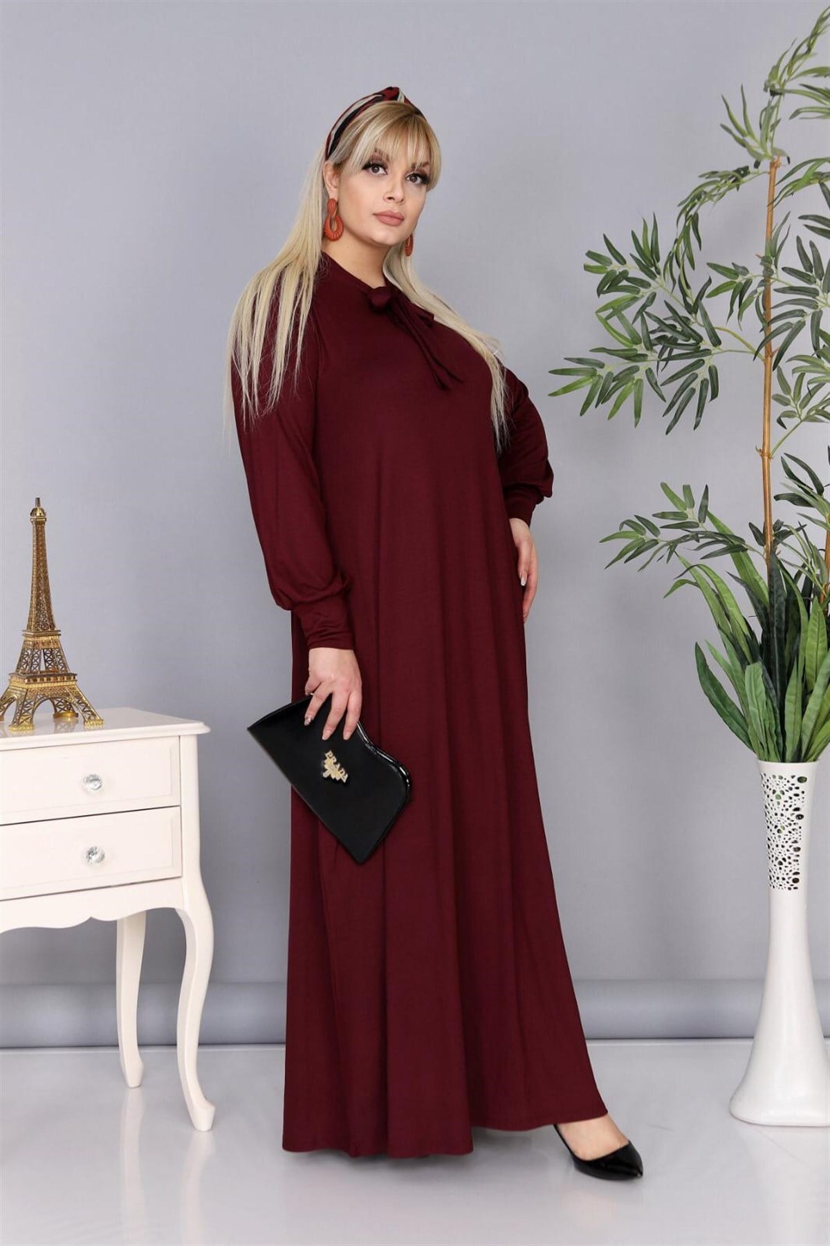 Büyük beden kravat yaka bordo elbise