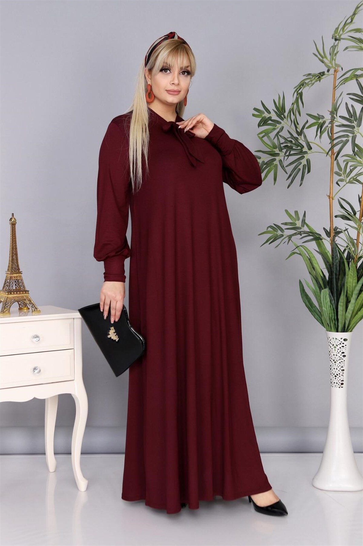 Büyük beden kravat yaka bordo elbise