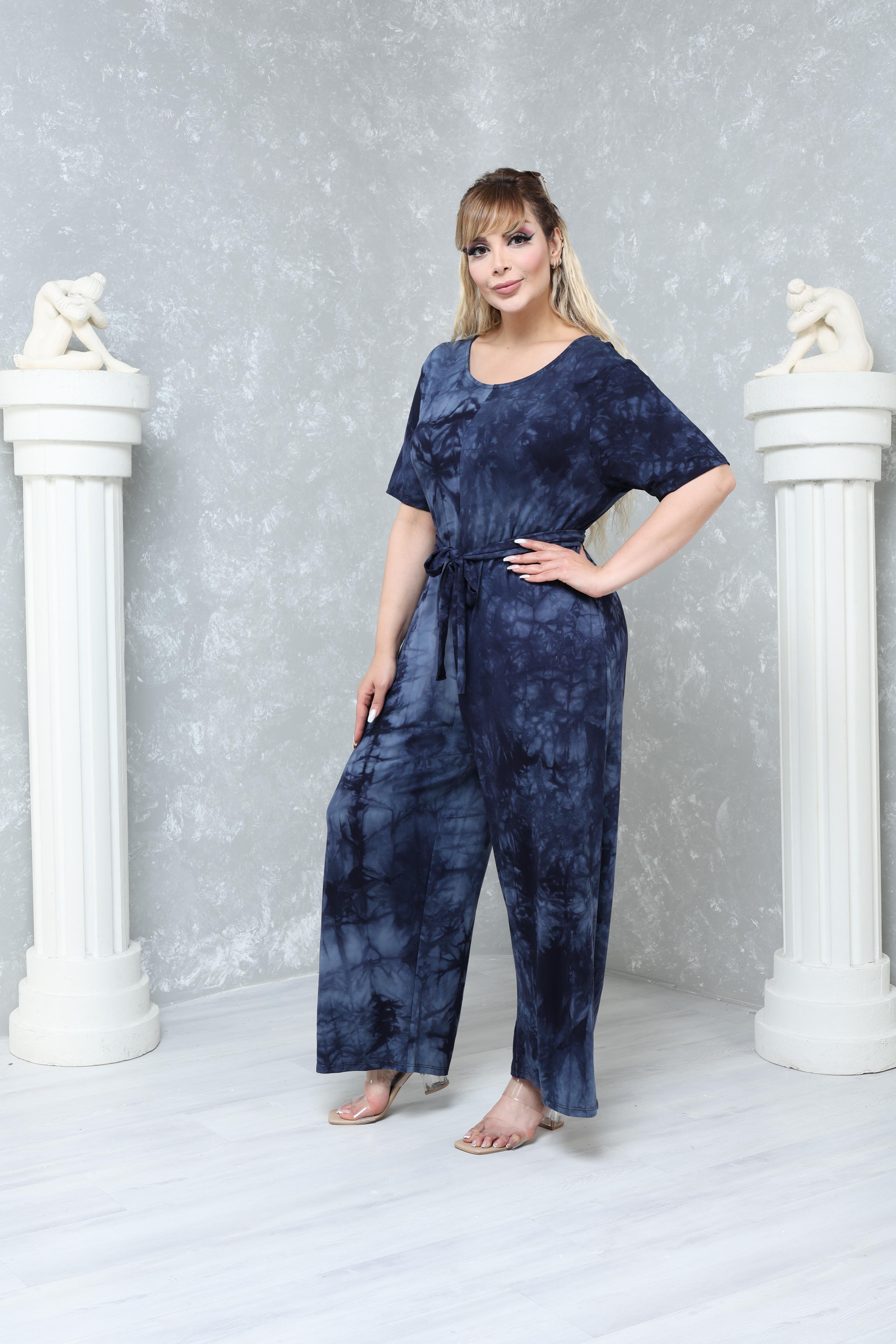 Büyük Beden Rahat Kalıp Desenli Viskon Örme Tulum