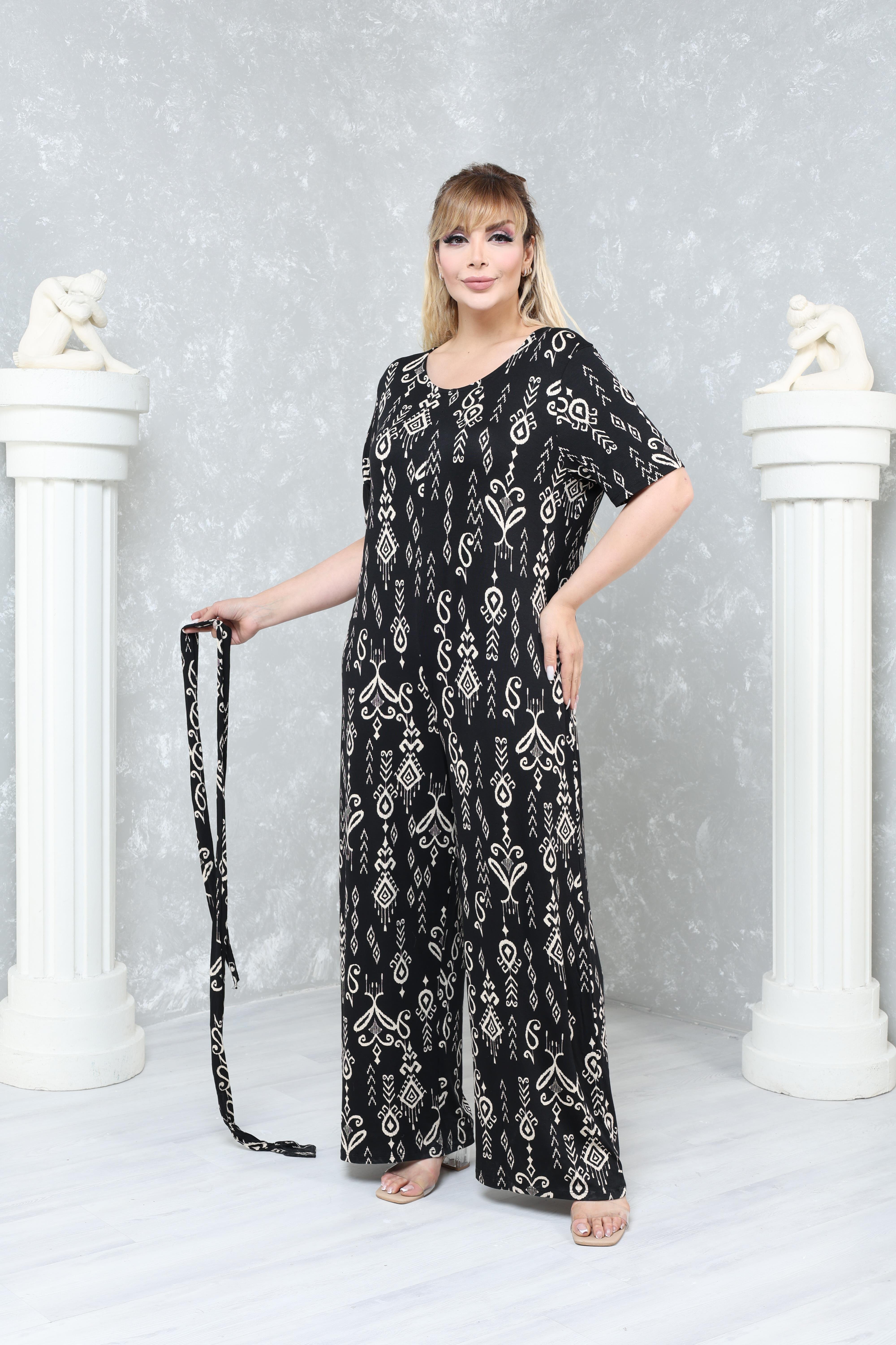 Büyük Beden Rahat Kalıp Desenli Viskon Örme Tulum