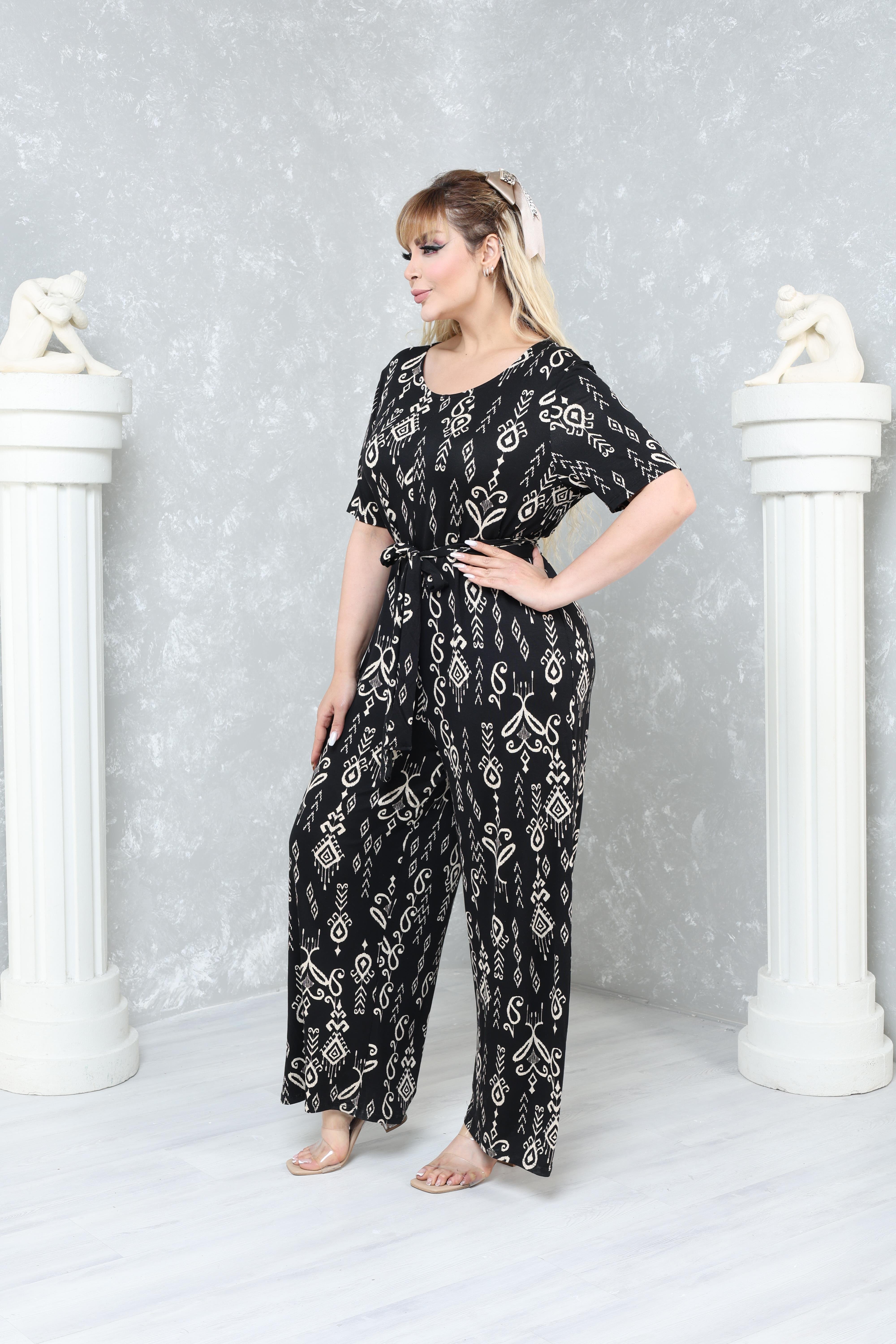 Büyük Beden Rahat Kalıp Desenli Viskon Örme Tulum