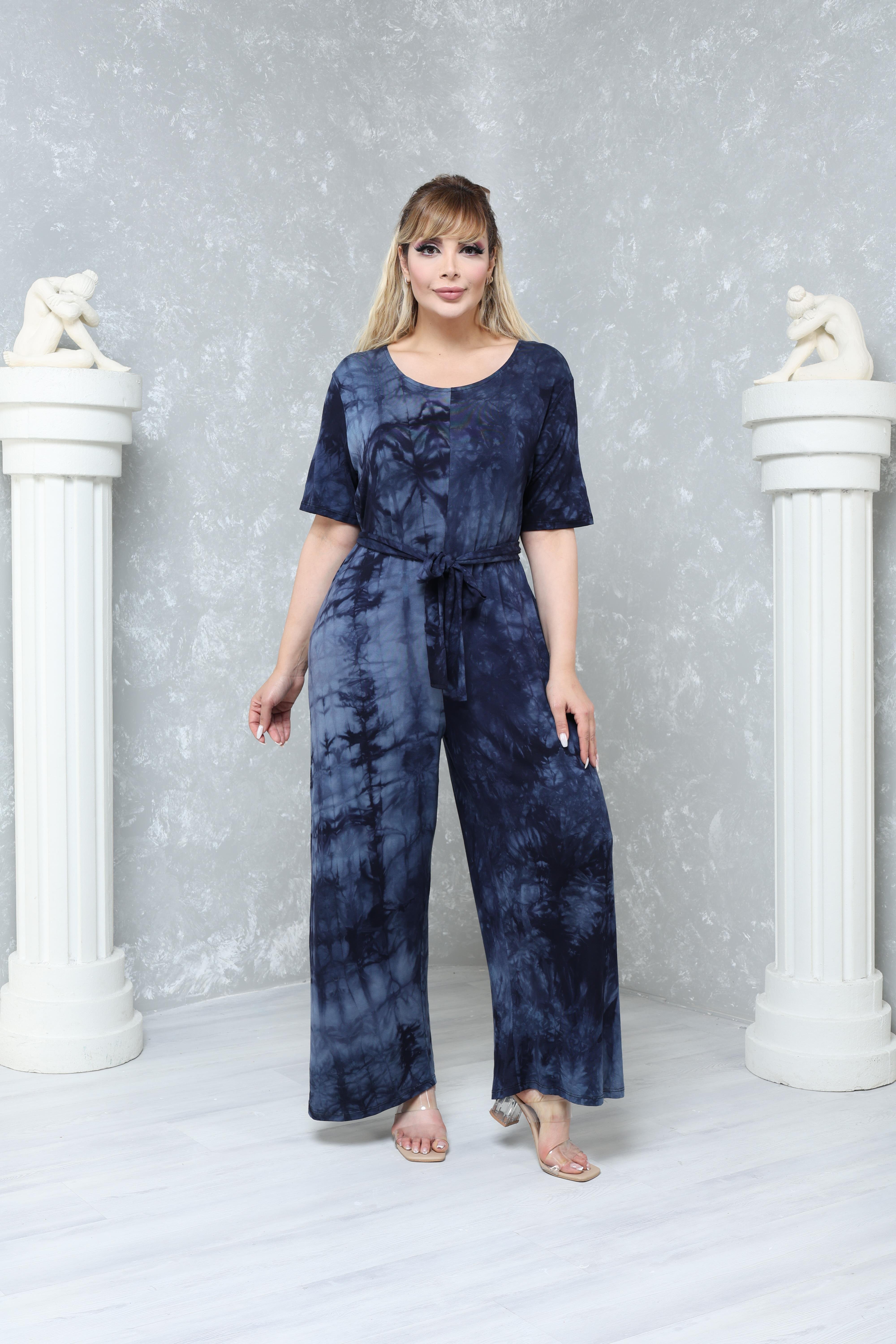 Büyük Beden Rahat Kalıp Desenli Viskon Örme Tulum