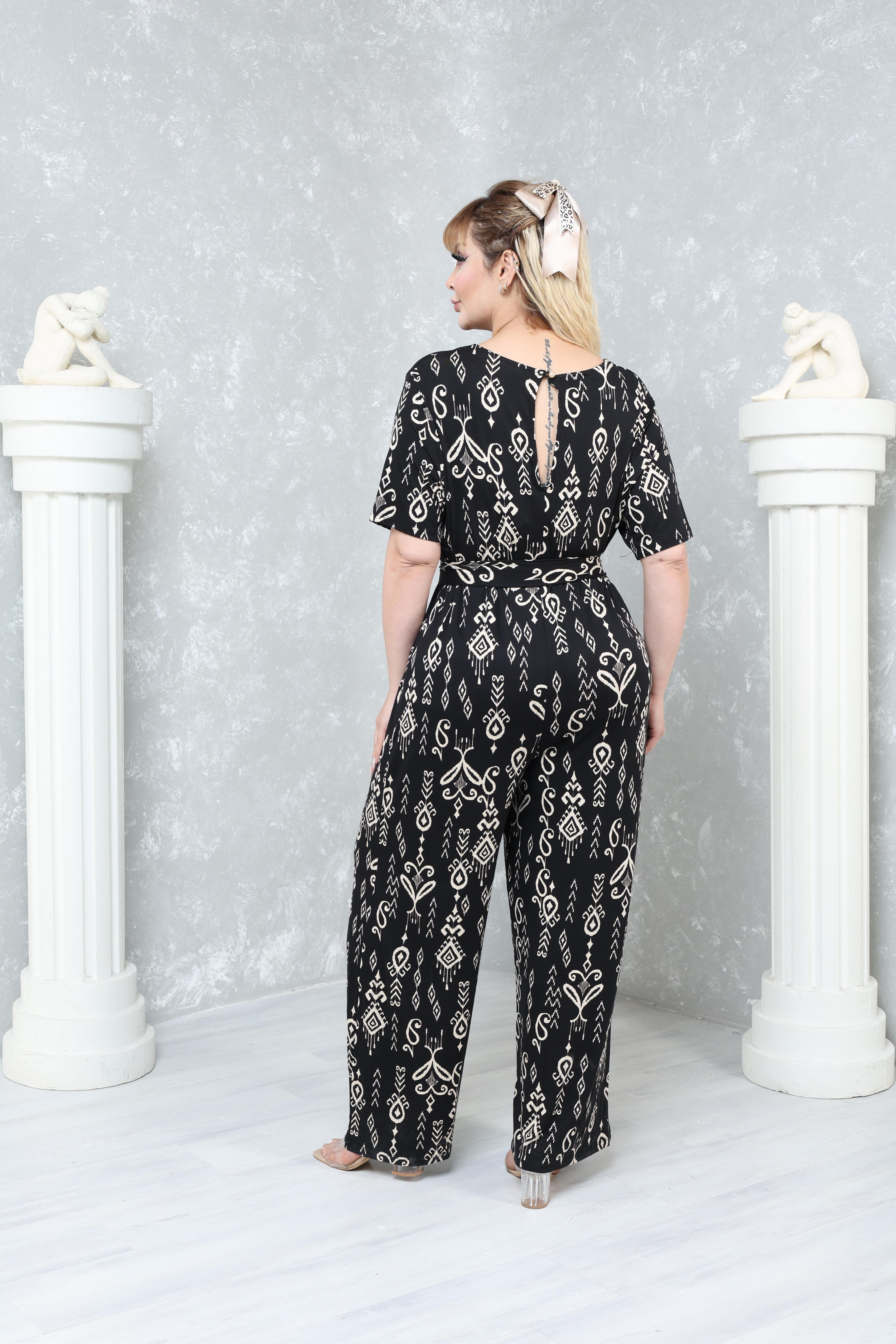 Büyük Beden Rahat Kalıp Desenli Viskon Örme Tulum