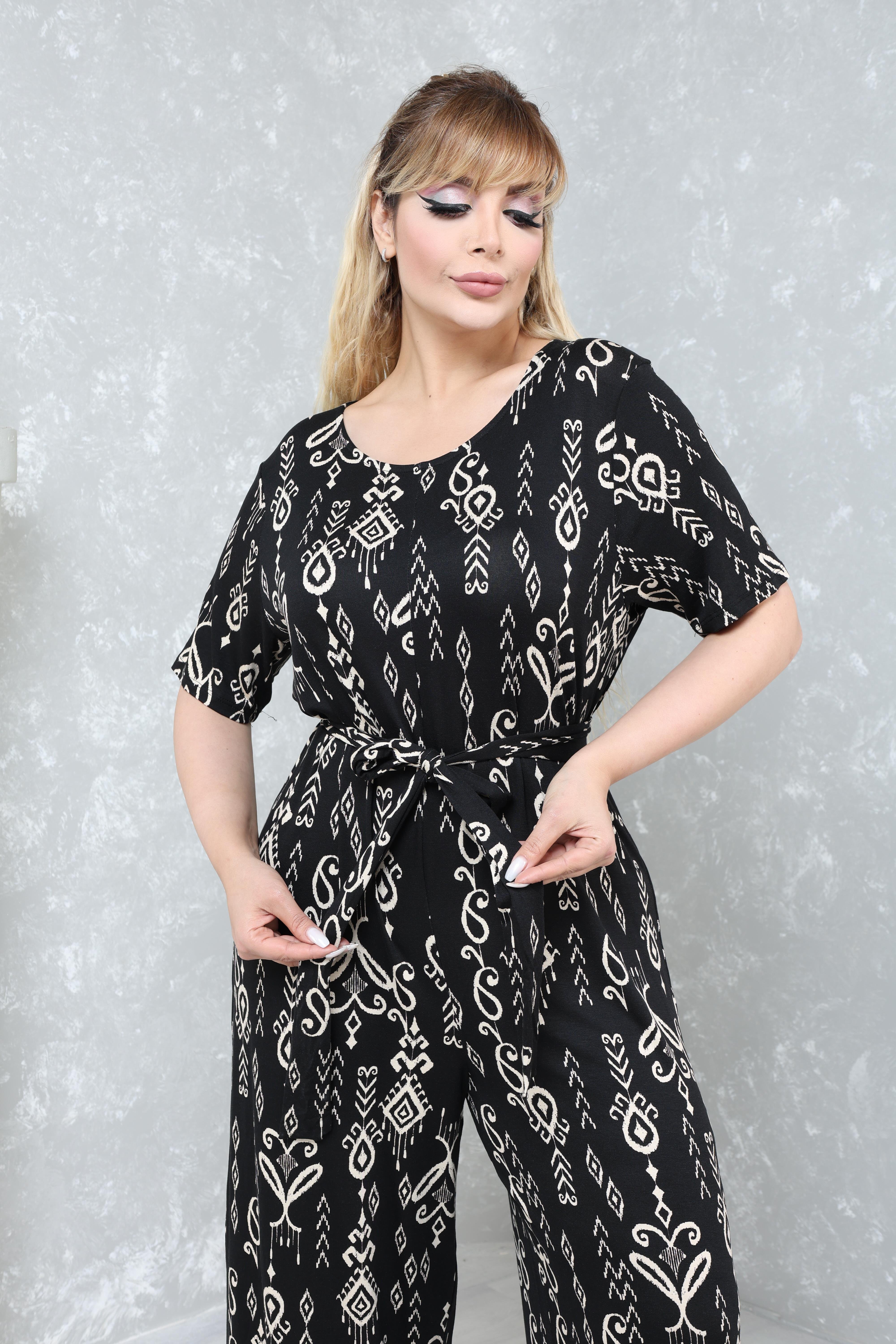 Büyük Beden Rahat Kalıp Desenli Viskon Örme Tulum