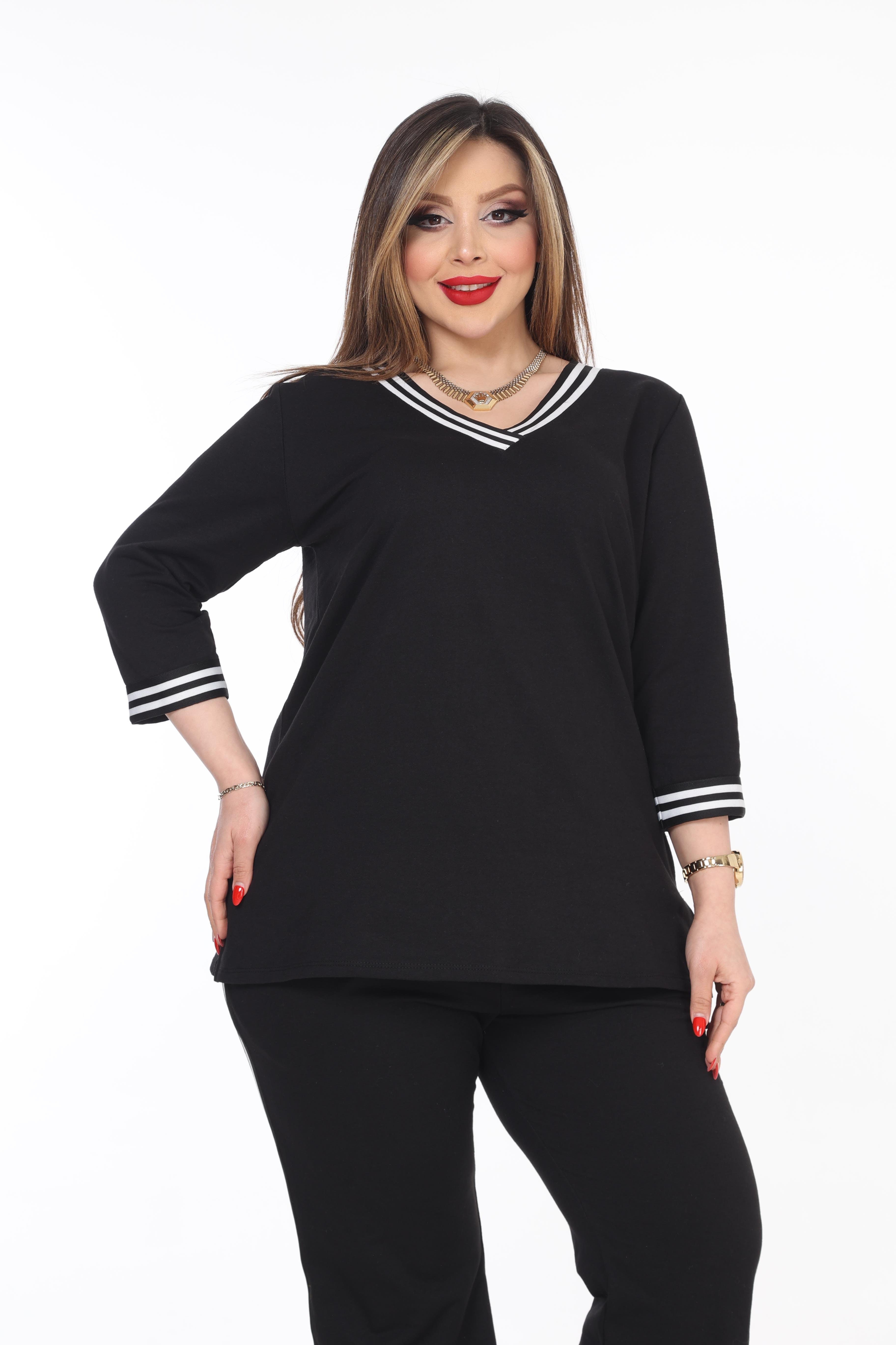 Büyük Beden Şeritli Alt-Üst Örme Takım